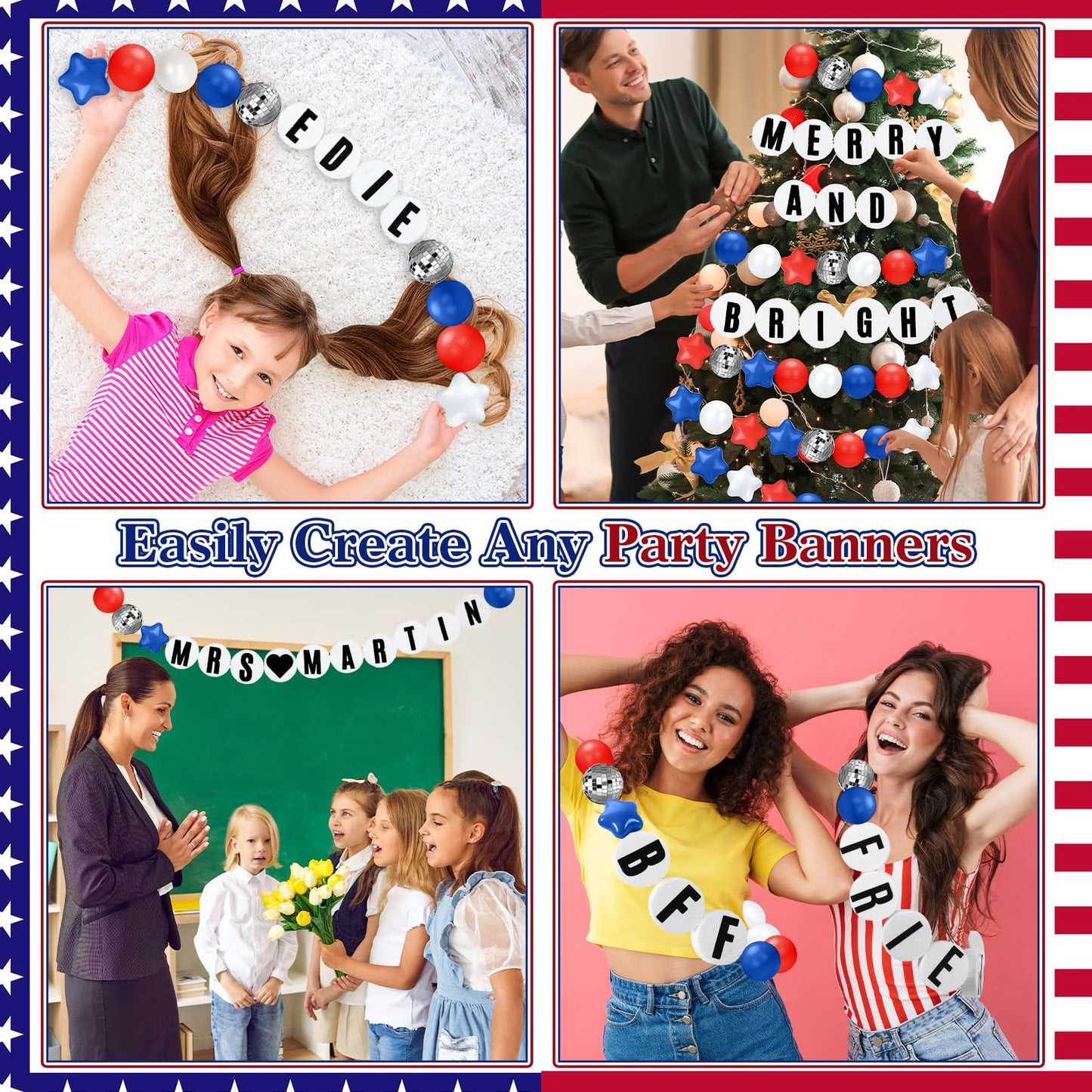 Simgoing Giant Friendship Bracelet Garland Kit DIY Banner with Letter Ball Jumbo in My Birthday Era Decorations for Classroom Graduation Party Supplies Photo Booth Backdrop(White, Red, Blue)