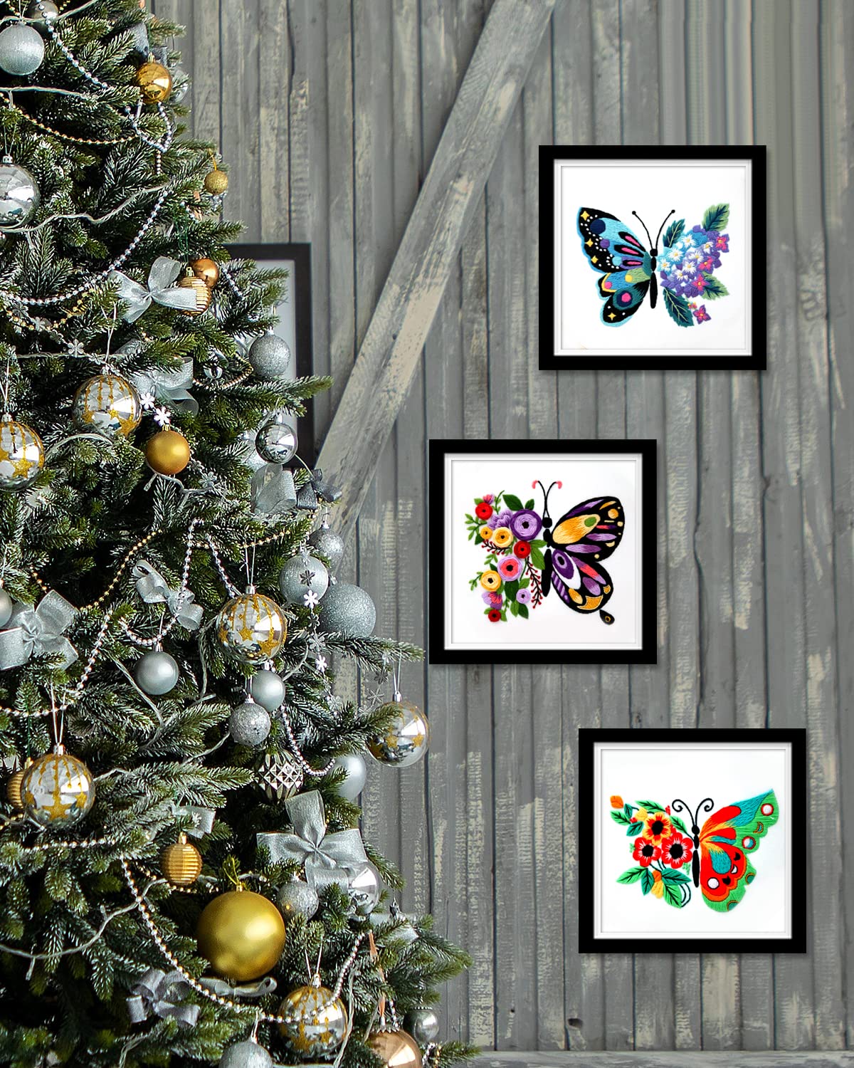 TINDTOP 3 Sets Embroidery Stitch Practice kit, Butterfly Flower Embroidery Kit for Beginners Include Cloth Hoops Threads for Craft Lover Hand Stitch with Embroidery Skill Techniques
