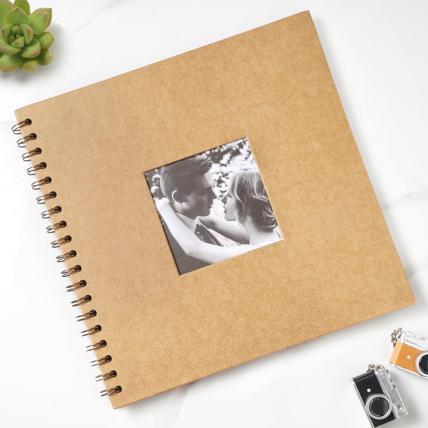 MEMOTOR Scrapbook 10 x 10 Inch DIY Square Photo Window + 3 Corner Stickers, Photo Album Hardcover Kraft Paper Brown 20 Sheets/ 40 Pages