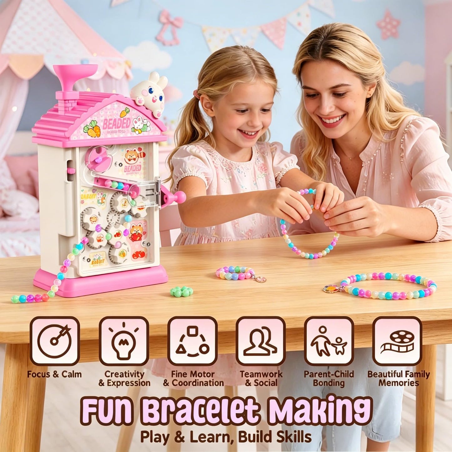 MAGTHIC 2-in-1 Beads Bracelet Maker Machine & Hand-Crank Bunny Toys, Charm Jewelry Bracelet Making Kit 430+ Quick Easy 5min with Organize, DIY Friendship Bracelets for Girls 6-12 Birthday Xmas Gift