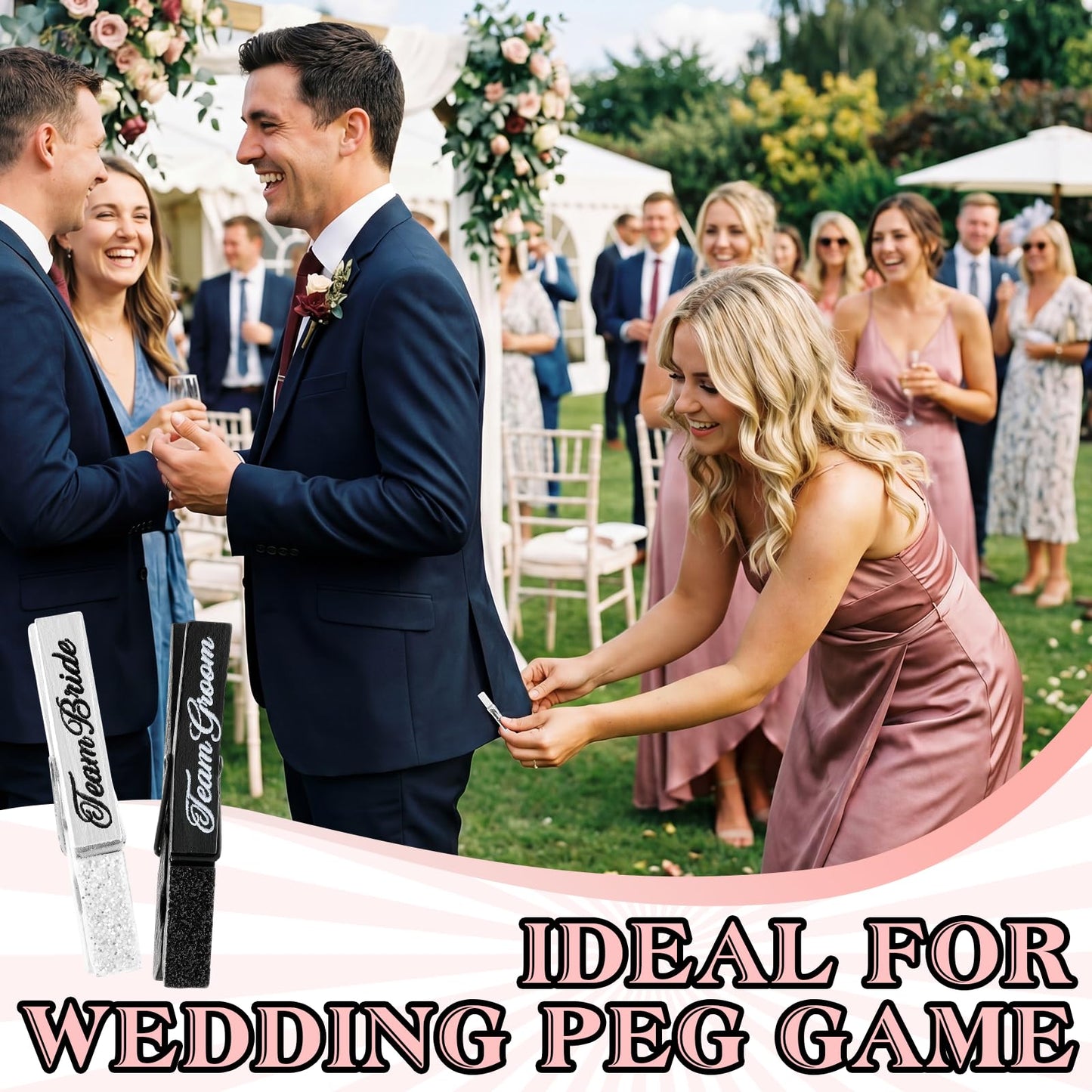 Tinlade 30 Pcs Wedding Game Party Favor Team Bride & Groom Set Glitter Black White Clothes Pins for Guest Wedding Wall Hanging Picture Clip Decor for Bridal Shower Bachelorette Send off Party Supplies