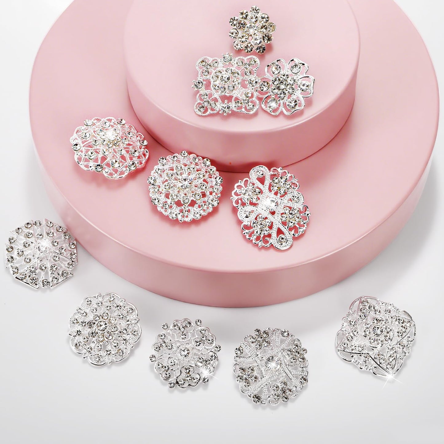 Hiceeden Lot 24 Pcs Crystal Brooches Pins, Silver Shining Clear Rhinestone Brooches Flower Jewelry Bridal Wedding Bouquet Kit Gift for Girls, Women, DIY Decoration