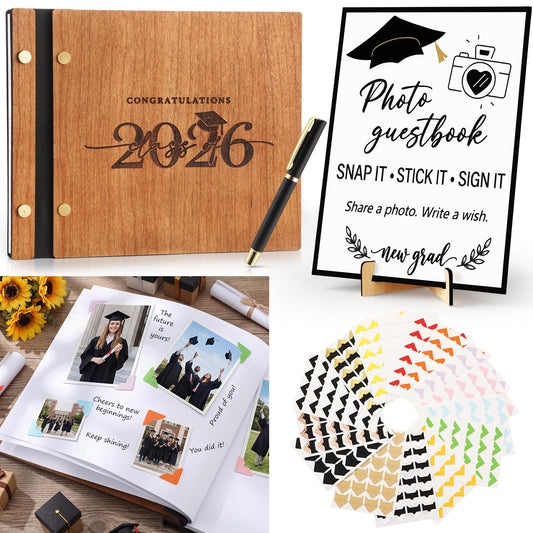 Thenshop 2026 Graduation Guest Book Set, Wooden Photo Album Scrapbook 126 Pages, Guest Book Sign, Pen, 360 DIY Photo Corners for Class of 2026 Grad Party Decorations Favors Gifts (Natural Wood)