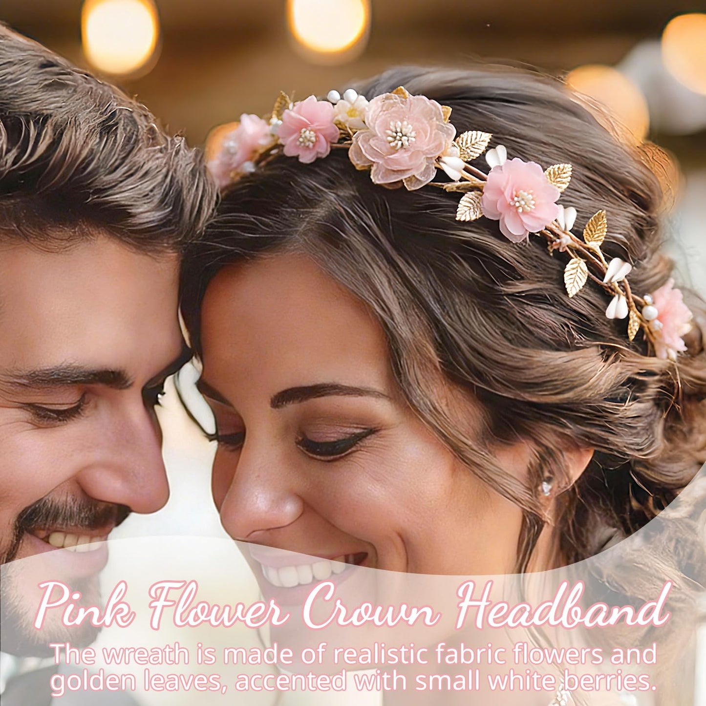 MEMOVAN Pink Flower Crown Headband Rose Floral Headpiece Adjustable with Gold Leaf Bohemian Fairy Flower Renaissance Hair Wreath Accessory for Girls Women Birthday Wedding Party Photo Props