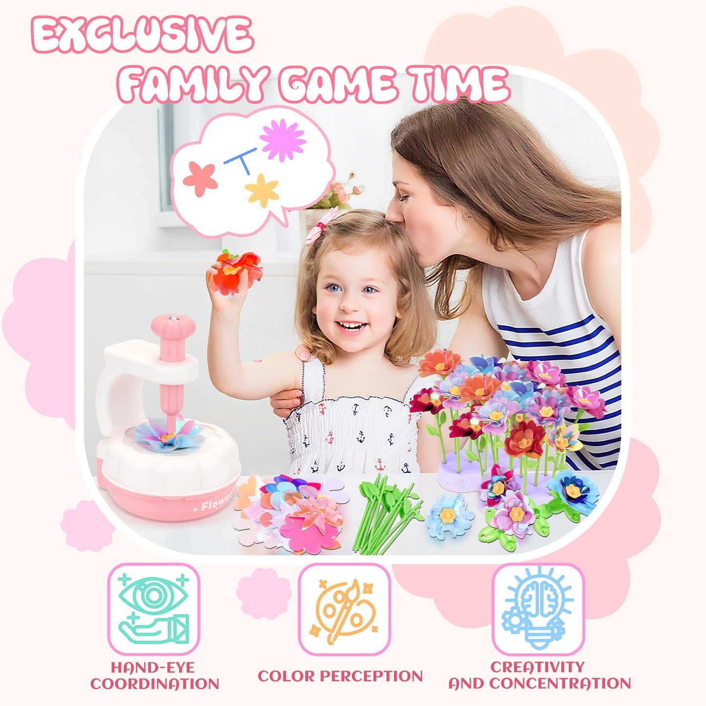 PERRYHOME Fabric Flower Bouquets Toys, 300+ Pcs Birthday Gift Activity Kit, 2 Gameplays STEM Craft for Kids, Reusable DIY Bouquets Maker Mothers Day Gifts for 3 4 5 6 7 8 Years Toddler Girl Gift