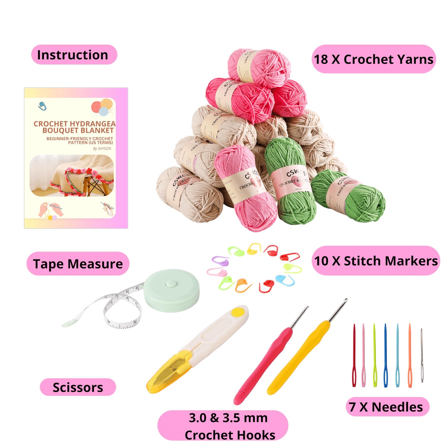 CSWCS Crochet Blanket Kit for Beginners, 40 inches Flower Bouquet Shawl Throw Kits for Adults, Learn How to Knitting with Yarn, Hook & Instructions, Gifts for Women Home Decor (Pink-red Hydrangea Kit)