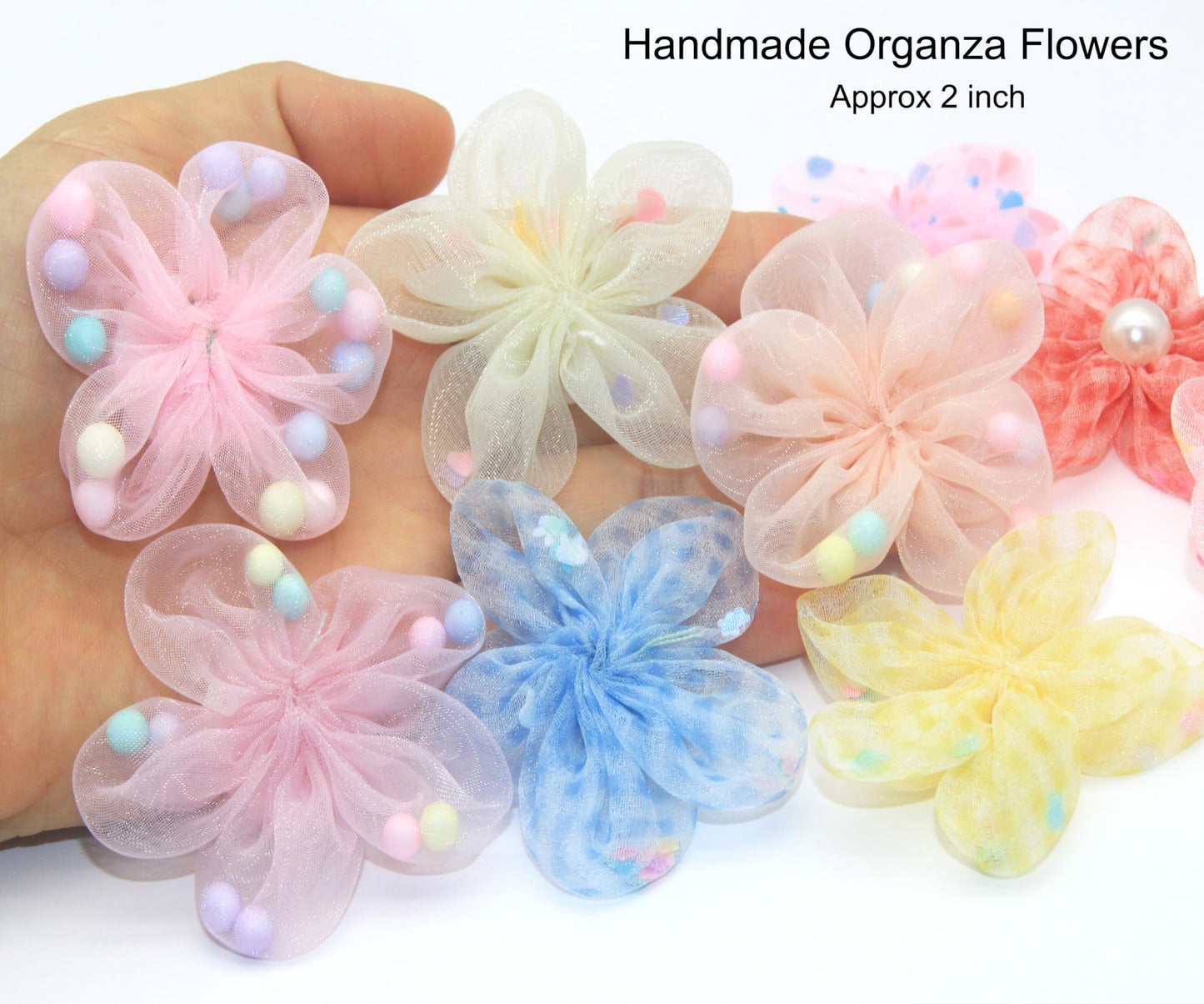 100 Pcs Satin & Organza Ribbon Bows Flower, Lace Patches Bead Appliques for Crafts, Sewing, Hair Bows, Headbands, Wedding Christmas Party Gift Decoration (Mixed)