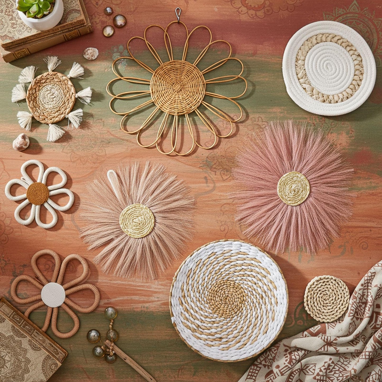 Chunful 9 Pcs Boho Nursery Wall Decor Daisy Flower Woven Macrame Seagrass Rattan Basket Wall Hanging Bohemian Decorations Gifts for Home Dorm Art Farmhouse Bedrooms Living Room(Pink Brown)
