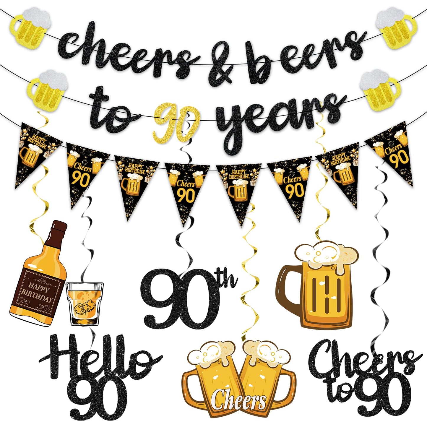 Black Gold 90th Birthday Decorations for Men Women, Glitter Pre-Strung Cheers to 90 Years Banner Hello 90 Hanging Swirls Paper Triangle Flag Banner Decorations Bday Party Supplies Kit