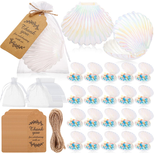 Yungyan 72 Pcs White Seashells Mermaid Birthday Party Decoration Favors 24 Plastic Seashells Candy Boxes Clam Treat Holders 24 Thank You Tags and 24 Bags for Wedding Birthday Mermaid Ocean Party