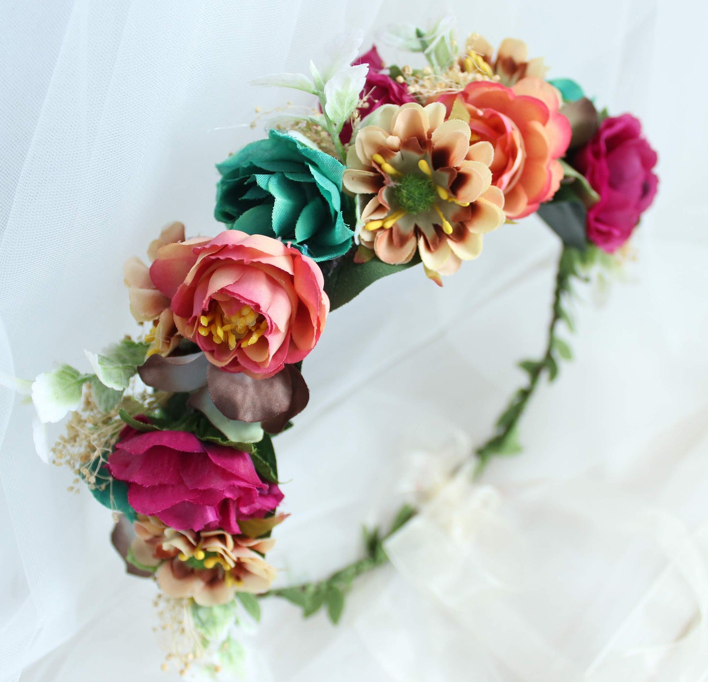 LLinfflr Women Floral Crown Flower Garland Headband Hair Wreath Floral Halo Headpiece Boho with Ribbon Wedding Party Photos