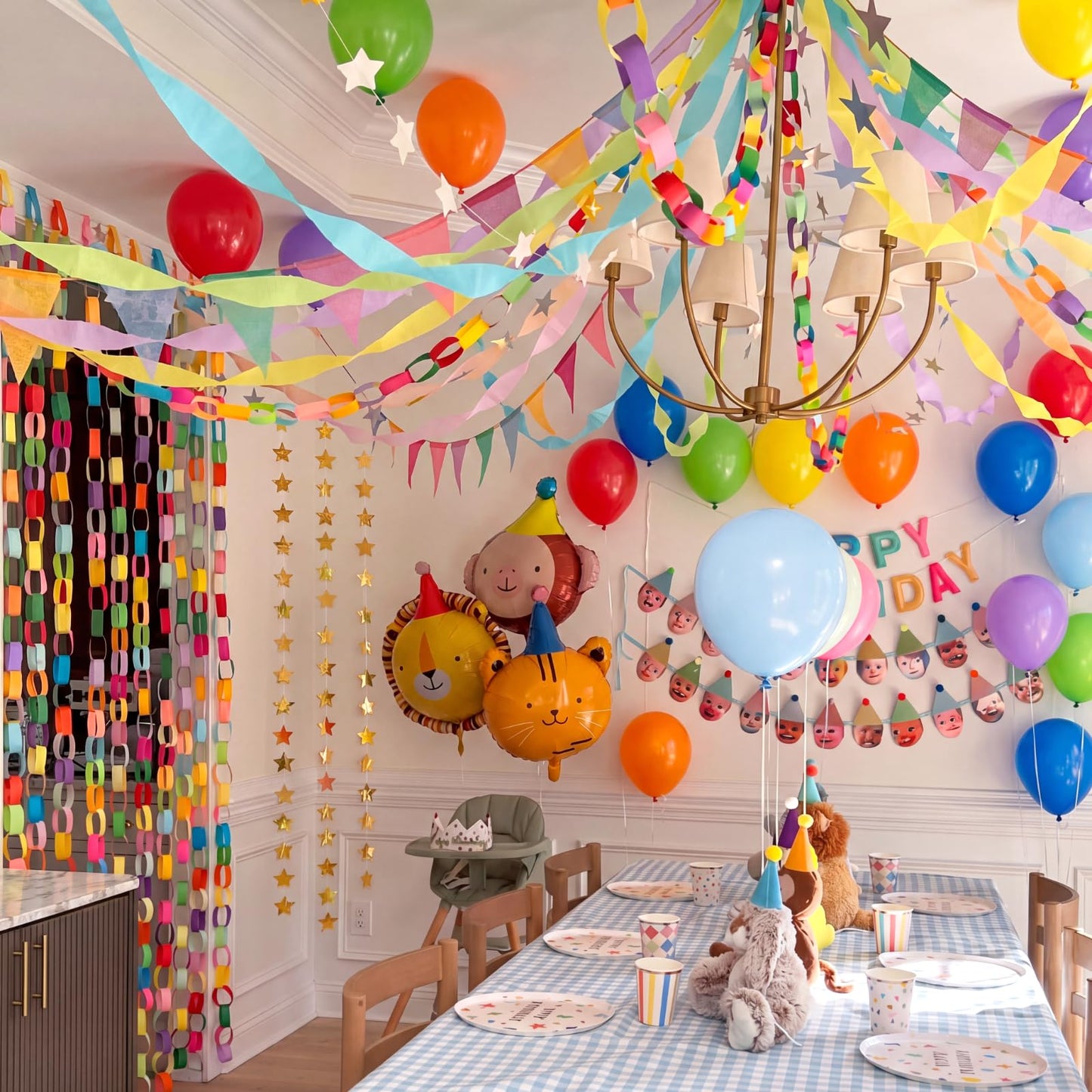 Teyva Daily Rainbow 665 Pcs Birthday Party Decor Kit 600 Sheets Paper Chain Garland 10 Rolls 330 ft Pastel Crepe Paper 50 Balloons 4 Star Stripe and Stapler Set DIY Hanging (0.98" X 8.66")