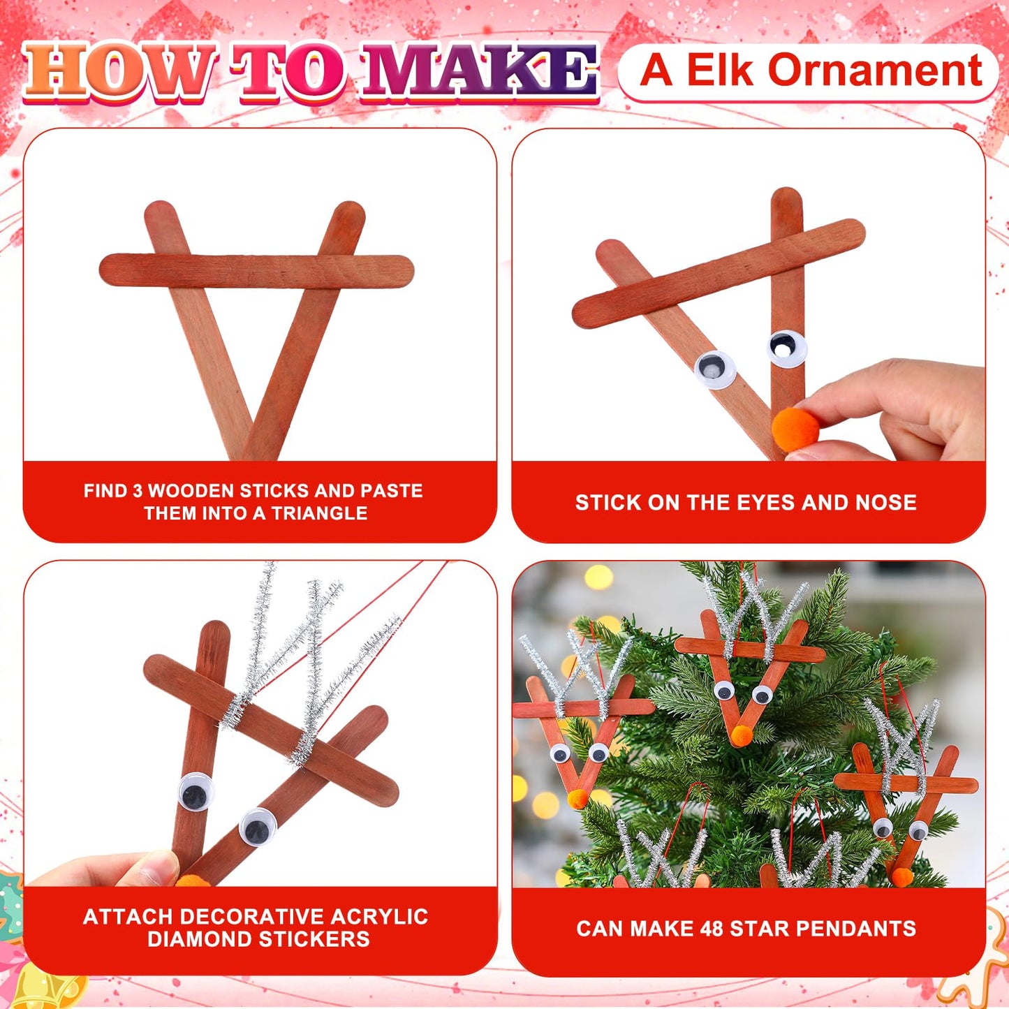 Soulchen 48 Sets Christmas Reindeer Ornaments Crafts Kits DIY Craft Sticks for Kids Make Your Own Reindeer Christmas Hanging Tree Wooden Ornaments Art for Holiday Activities Xmas Decoration