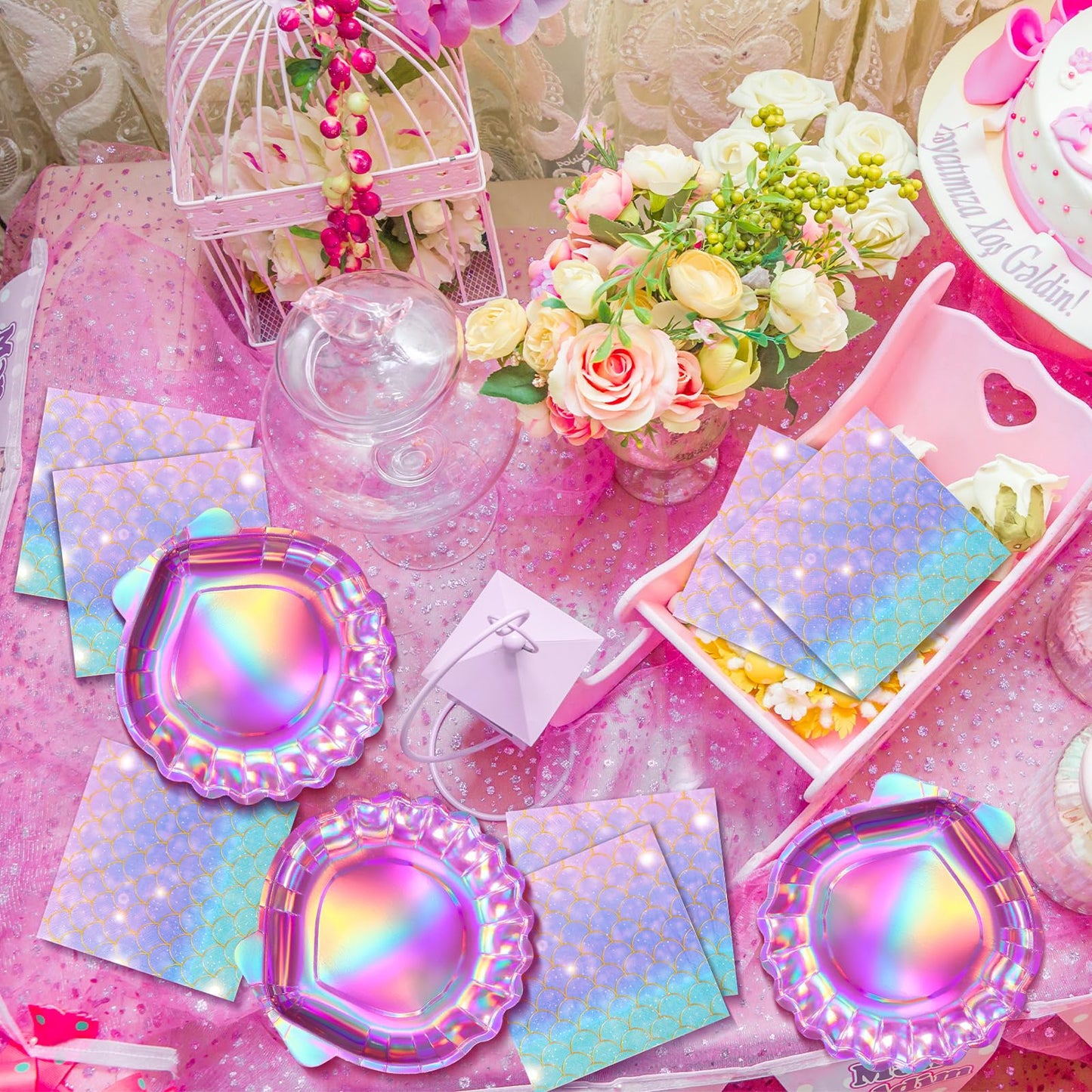 Gersoniel 40 Pcs Iridescent Pink Mermaid Party Supplies Set, 20 Clam Shell Plates and 20 Mermaid Scales Napkins Party Decorations Disposable Paper Plates and Napkins Seashell for Birthday(Shell)