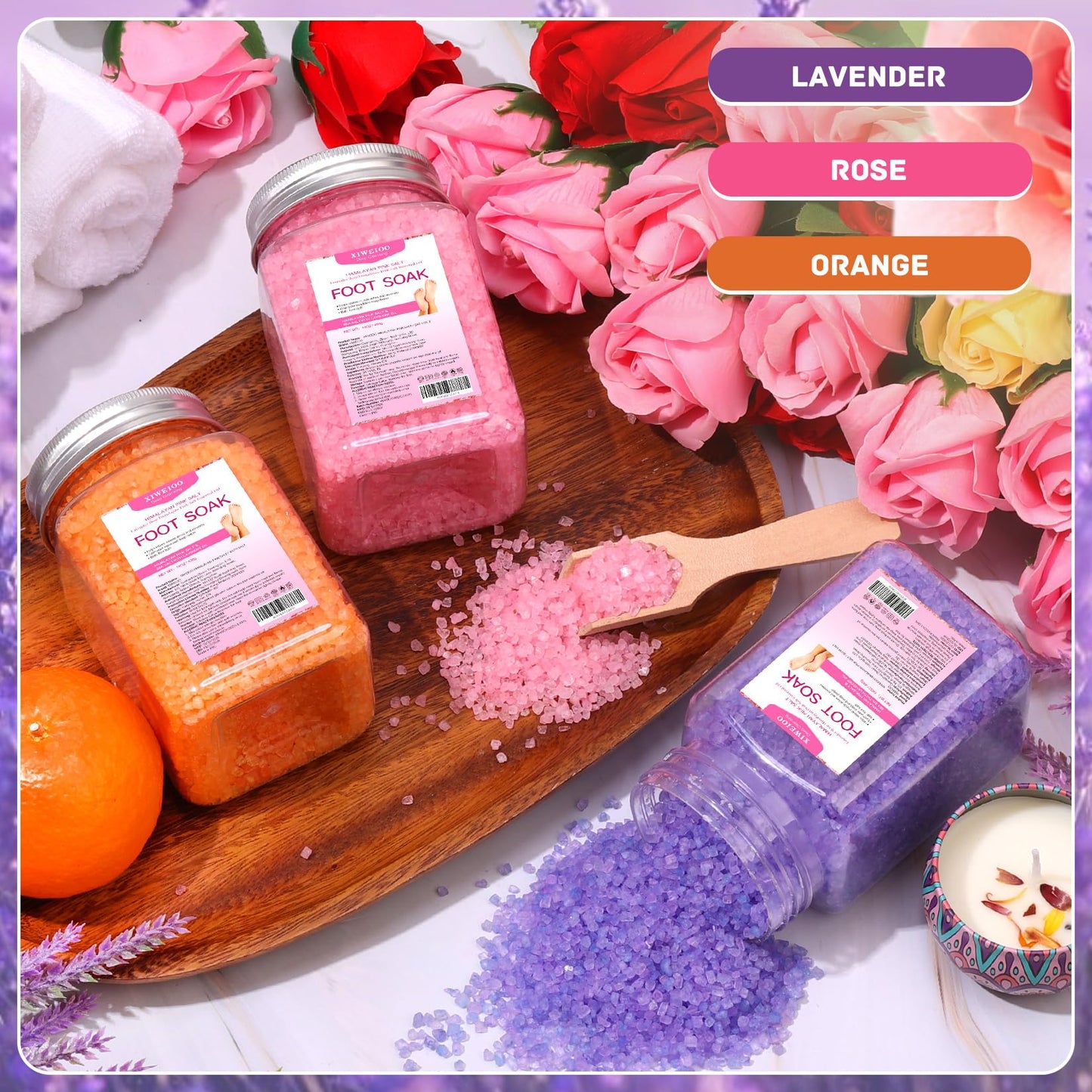 XIWEIOO Himalayan Pink Salt Kit Pack of 2 Natural Foot Soak Salts Epsom Salt Essential Oils Lavender Orange Rose Scent Dead Sea Salt Moisturizing Skin Tea Tree Oil Care Christmas Gifts for Women