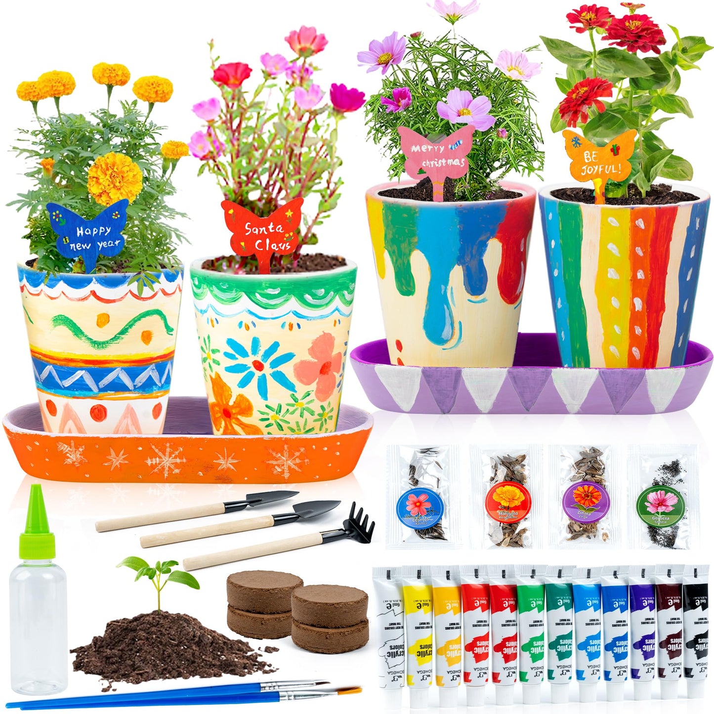 RGBDOT Kids Gardening Set Paint and Plant Stoneware Flower Gardening Kit with 4 Pots Arts and Crafts for Kids Ages 8-12 Best Children’s Day Gift for Girls Boys Ages 5 6 7 8 9 10