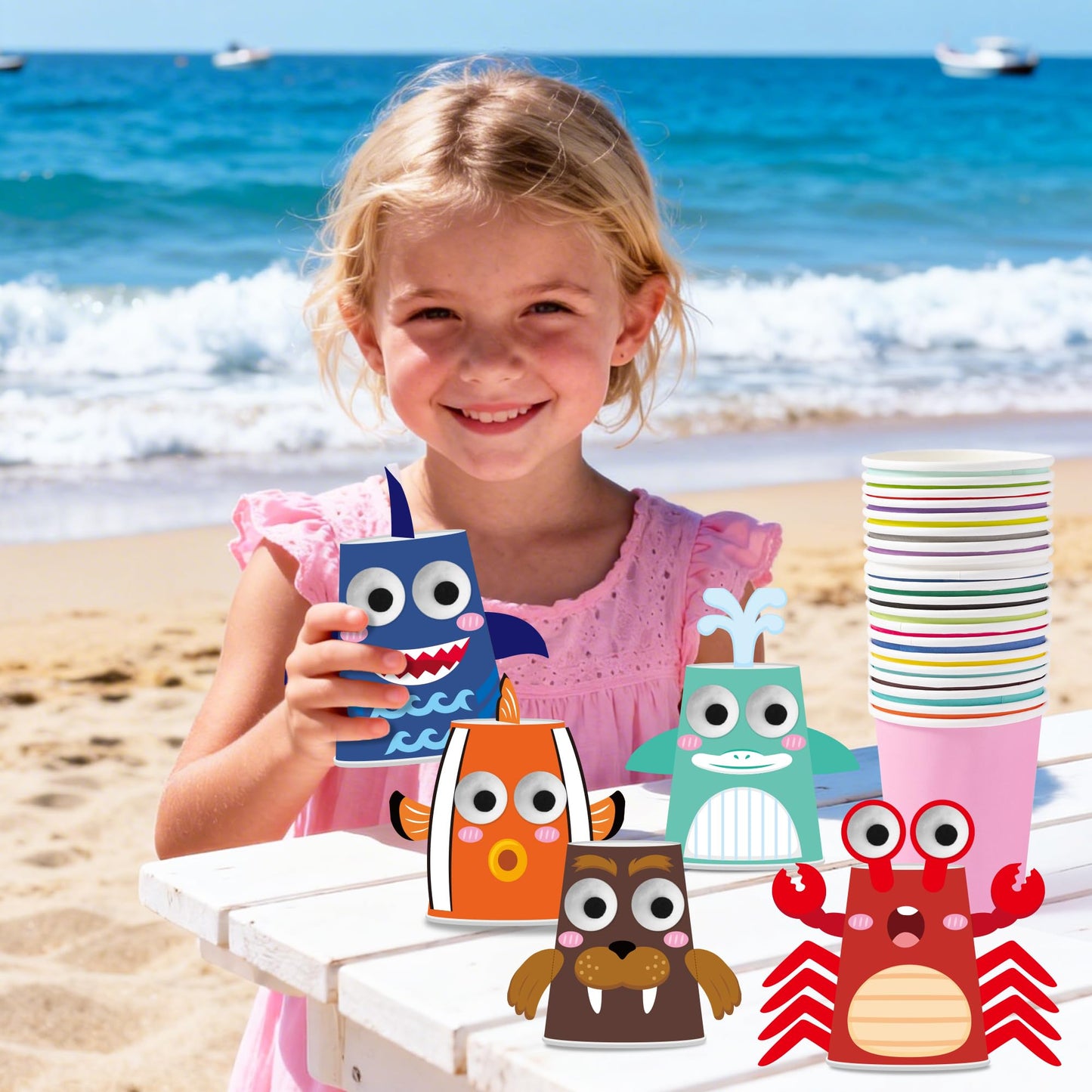 BeYumi Ocean Animals Craft Kit - 12Pcs Summer Arts and Crafts for Kids Toddler Paper Cup Craft Kit with 12 Cartoon Animal Projects DIY Gift for Birthday Party Preschool Classroom Fun Activity Ages 3-6