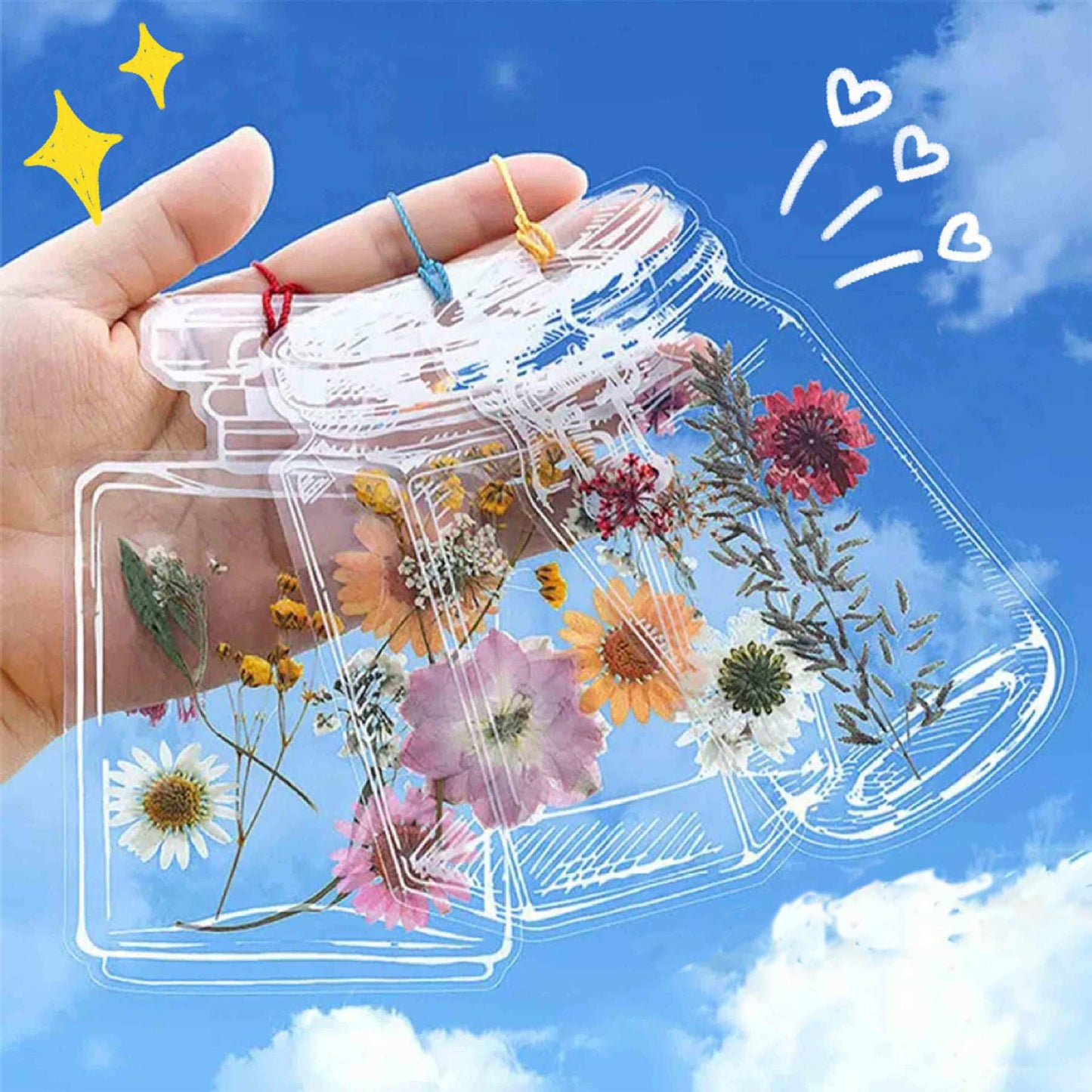 LiveOnce 60pcs DIY Dried Flower Bookmarks - Transparent PET Bookmark Kits with Tassels, Clear Sticky Sheets for Pressed Flowers, Leaves, Nature Craft, Gifts (10.5x7.5cm)