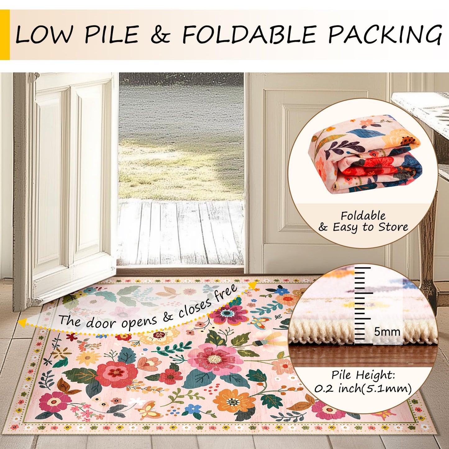 RELEANY Floral 5x7 Area Rug Machine Washable Soft Print Boho Carpet Non Slip Doormat Low Pile Flower Area Rugs for Living Room Bedroom Nursery Kitchen Dining Room Indoor-Pink