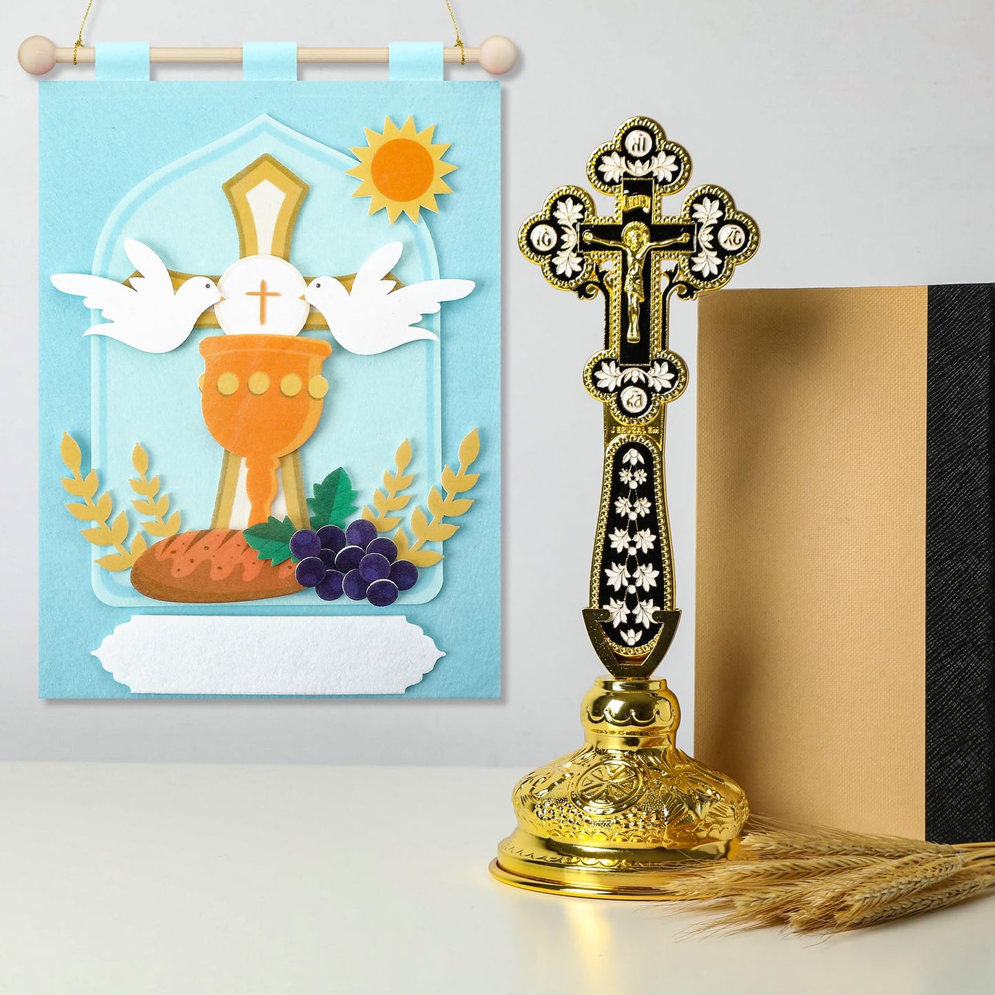 Wettarn First Communion Banner Kit for Boys Girls 9 x 12 Catholic Christian Religious Crafts Felt DIY Holy Communion Banner for Kids Sunday School Church Activity Baptism Party Decoration(Light Blue)