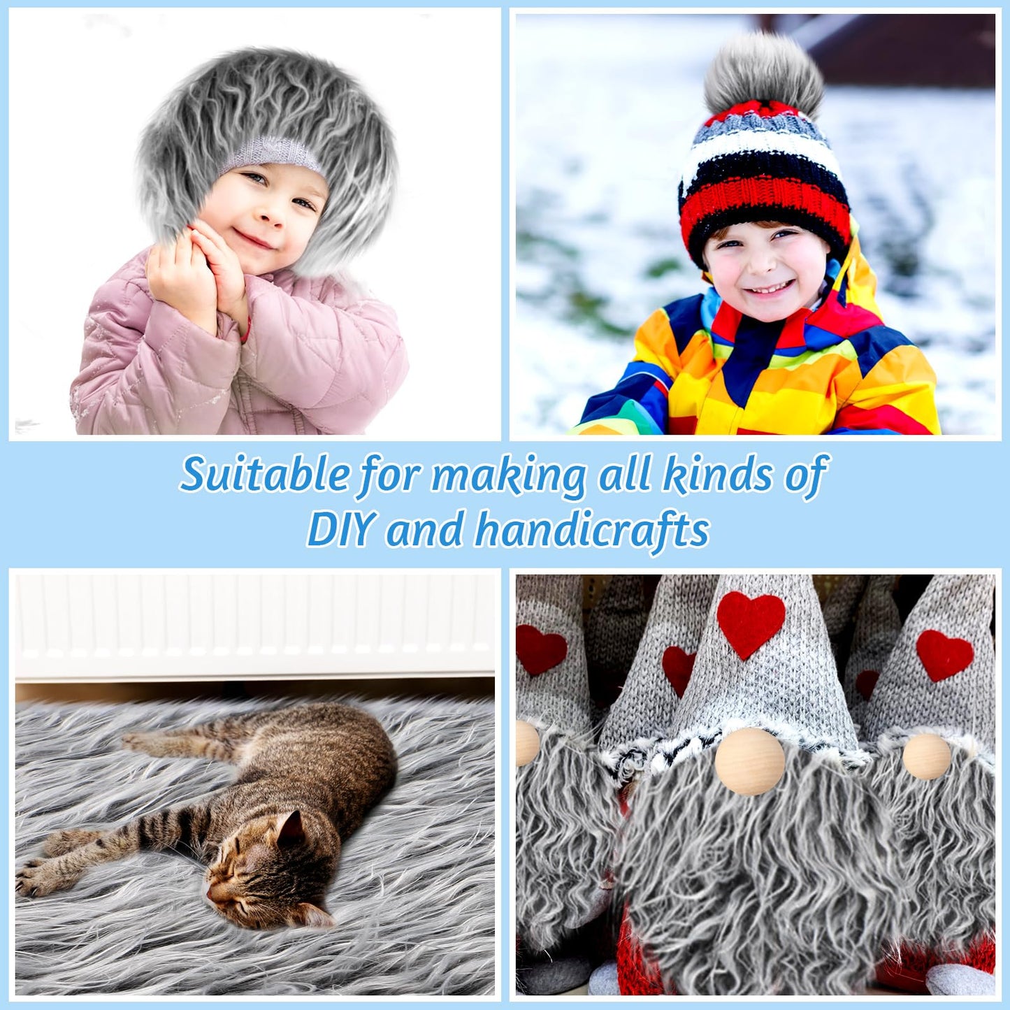 Tatuo 60 x 18 Inch White Gray Faux Fur Fabric Christmas Fluffy Fuzzy Craft Fake Fur Cuts Shaggy Synthetic Plush Patch Sewing DIY Winter Halloween Costume Gnome Beard Miniature Dolls Rugs Mats Gift
