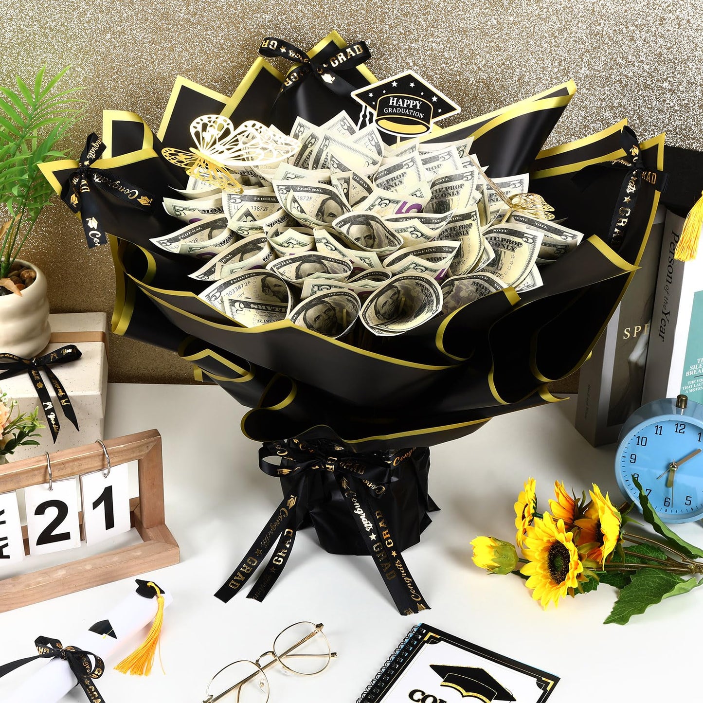 AUGSUN Graduation Money Bouquet Kit, Flower Bouquet DIY Gift Supplies with 20 Sheets Wrap Paper 100 Sticks Ribbon Cards 3D Butterflies for Class of 2026 Grad Party Favor Graduate Gifts