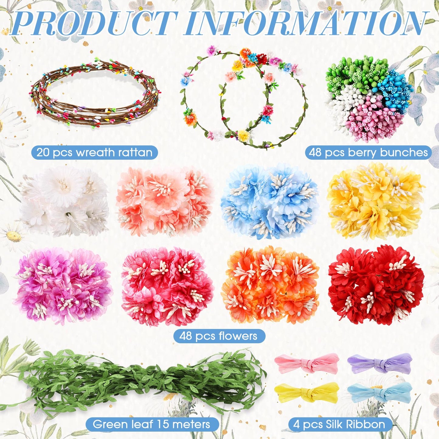 Zeyune 20 Sets Spring Tea Party Favor Flower Crowns Making Kit, Make Your Own Flower Crown Wreath Garland Headbands Craft Kit Handmade DIY Fairy Floral Hair Accessories Gift for Women