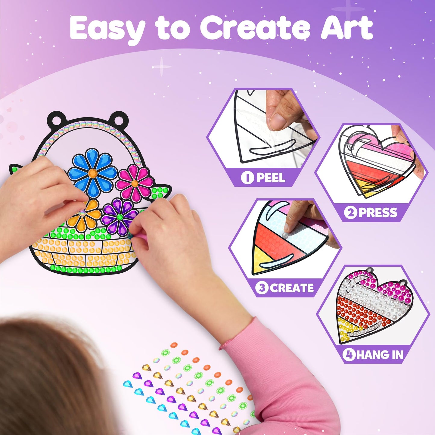 ZIZZ Diamond Painting Suncatcher Kits for Kids: 5PCS Easter Basket Stuffers for Kids, Birthday Gifts for Girls, Art & Crafts Supplies, Party Favors, Creative Toys for Girls Boys 4 5 6 7 8 9 Years Old
