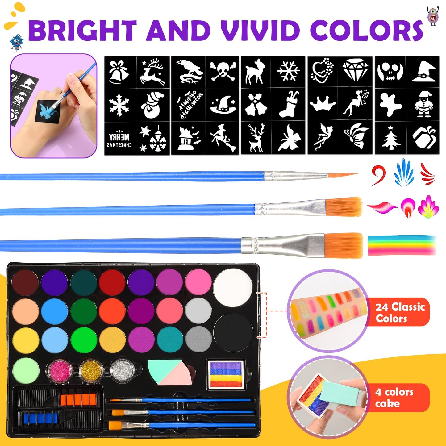 Face Painting Kit for Kids, 24 Colors Water Based Non-Toxic Face Paint with Stencils & Brushes, Professional Body Makeup Set for Halloween, Birthday, Parties with Guide Book Art and Craft Art Supplies