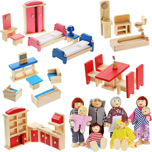 Sumind 35 Pcs Wooden Dollhouse Furniture with 8 Family Figures, Montessori Educational Wood Dolls House Accessories for 1:12 Scale, Preschool Imaginative Play Kit for Girls and Boys