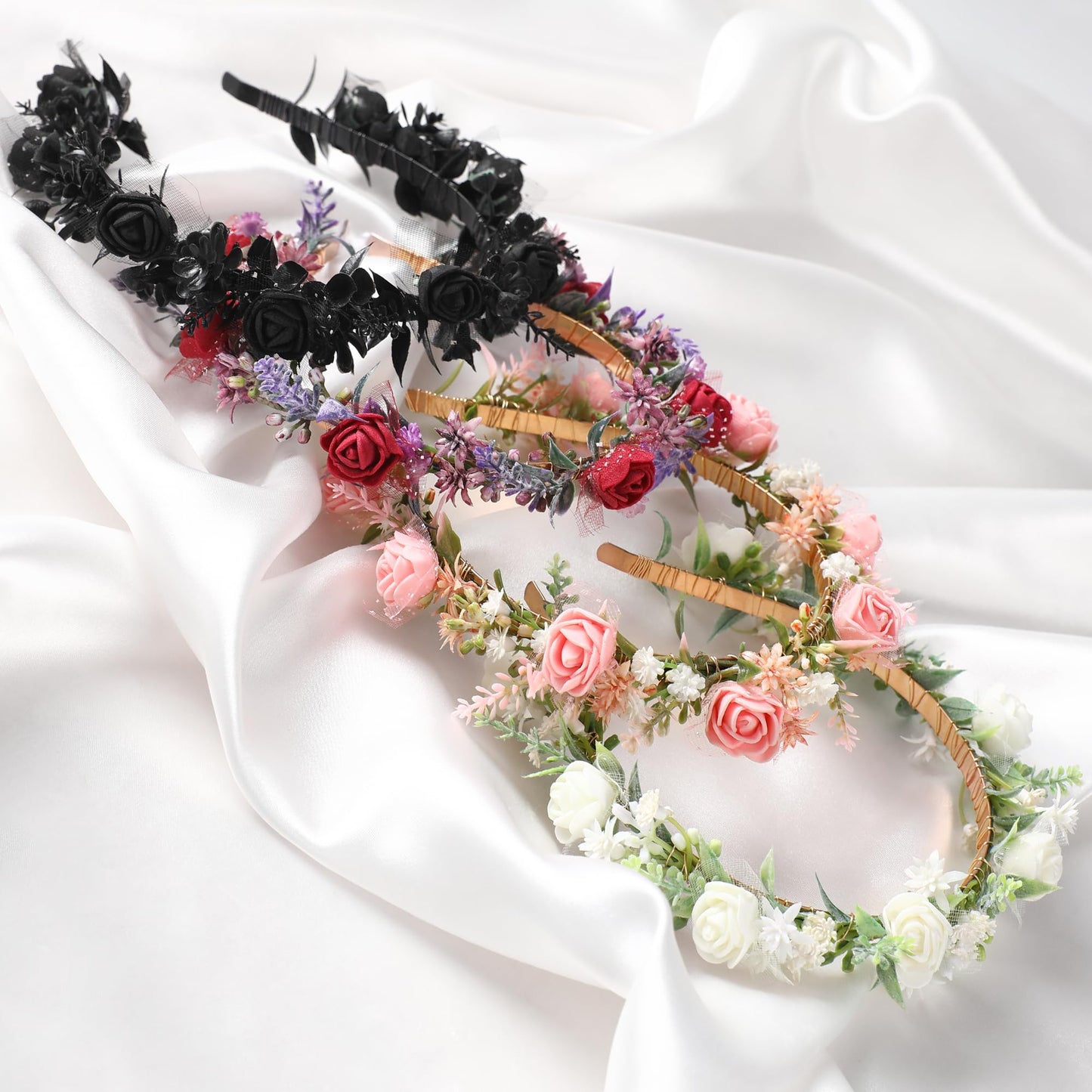KorViSHOW White Flower Crown Hairband - Rose Flower Headband for Women's Wedding, Party, Festival Decoration, Hair Styling Accessory