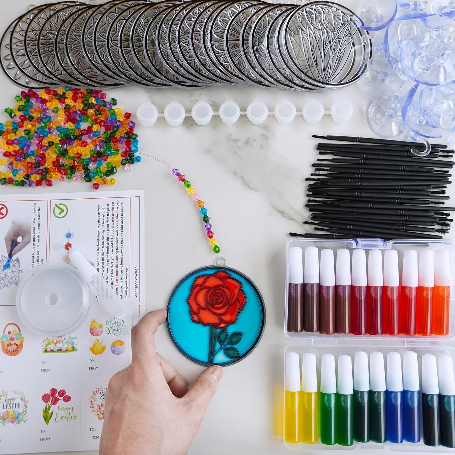 Winlyn 24 Set Spring Flower Suncatchers Ornaments Decorations DIY Window Paint Art Kit for Kids Classroom Activities Party Favors