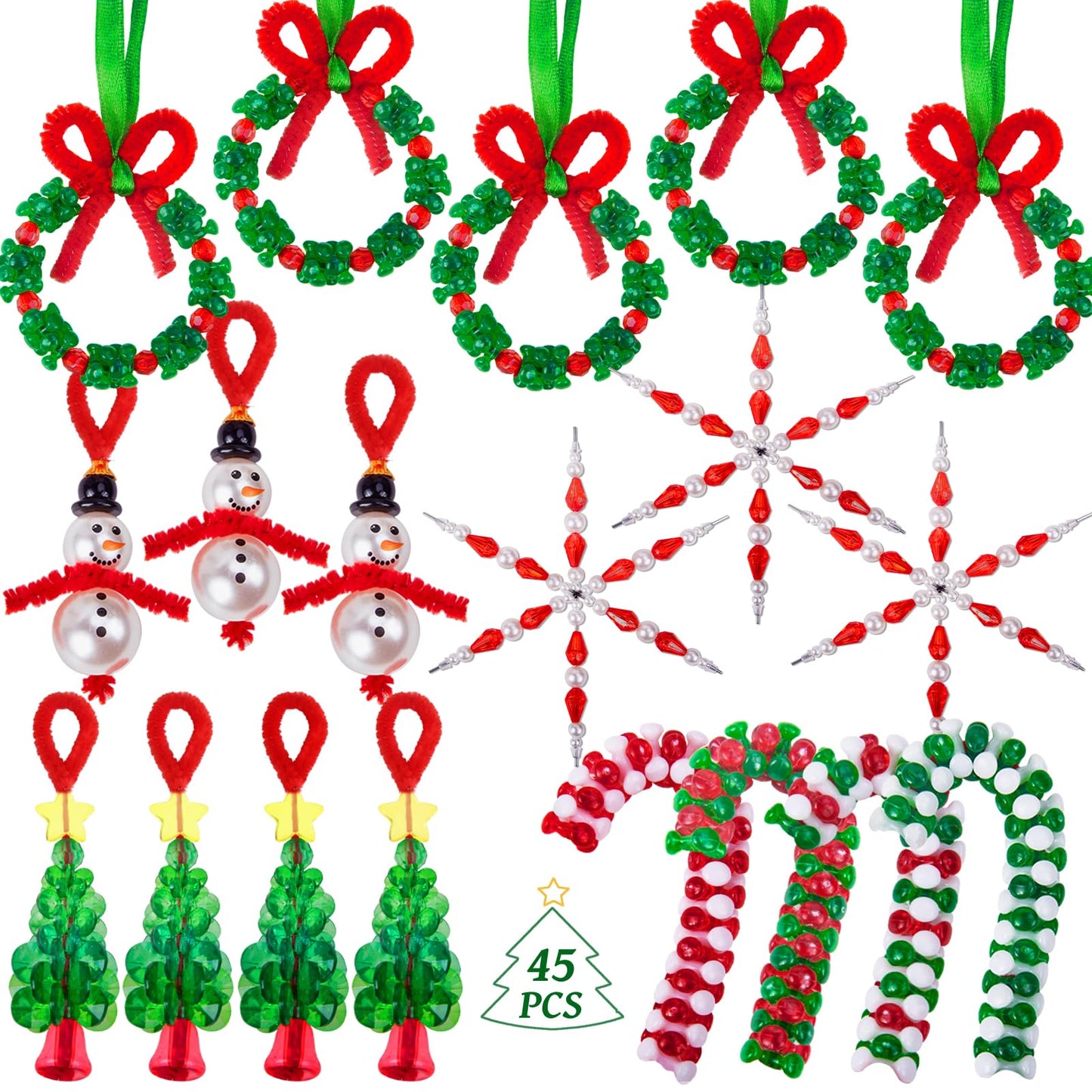 NLUS Christmas Crafts for Kids Adults, 45 Pcs Christmas Beaded Ornament Kits Holiday Crafts - Including Snowman/Christmas Tree/Wreath/Candy Cane/Snowflake (Assembly Required)