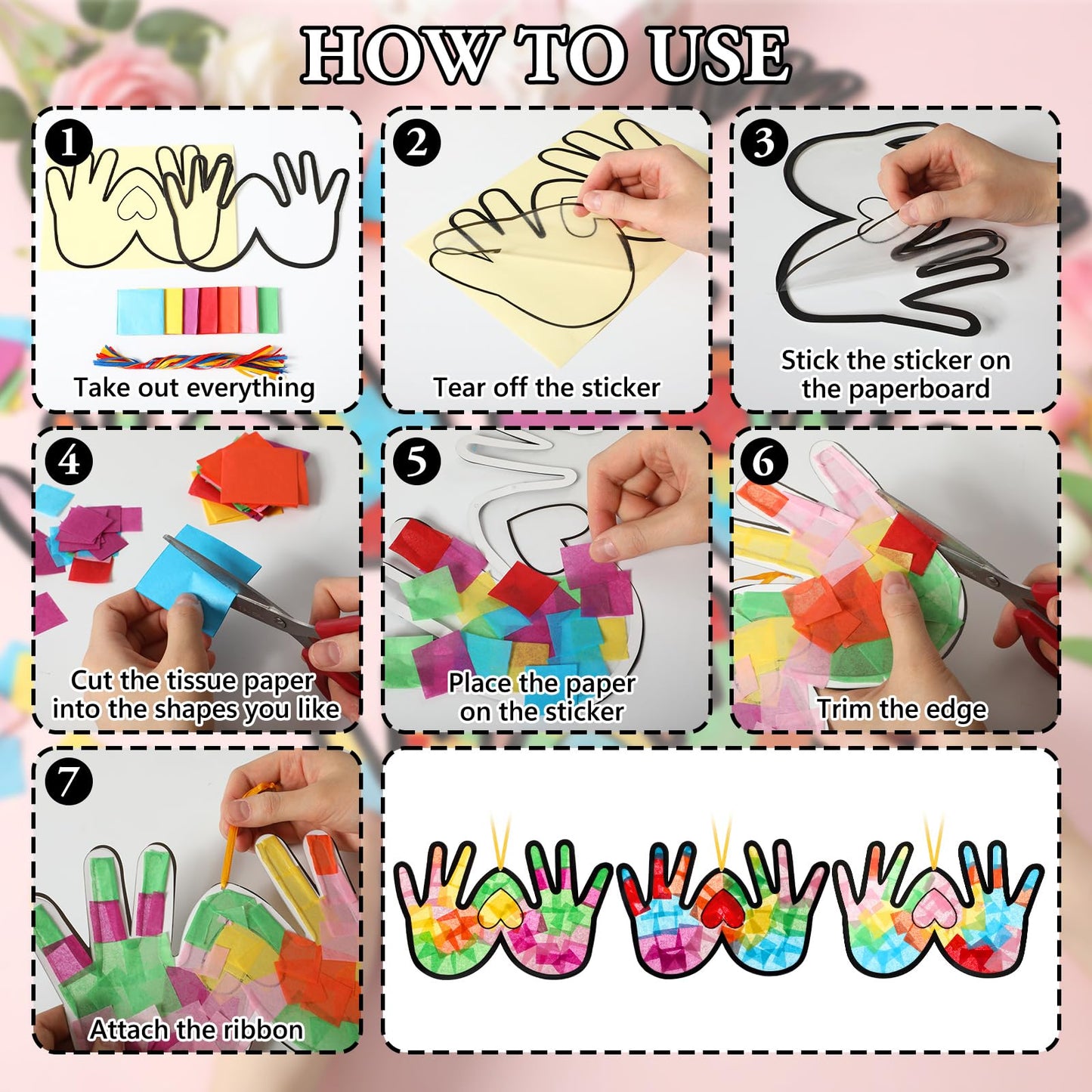 Yaomiao 30 Set Mother's Day Suncatcher Crafts, DIY Heart Handprint Stained Glass Style Gift Kit for Mother's Day Party Supplies, Family Activity, Suitable for Home, Window, Door Decorations