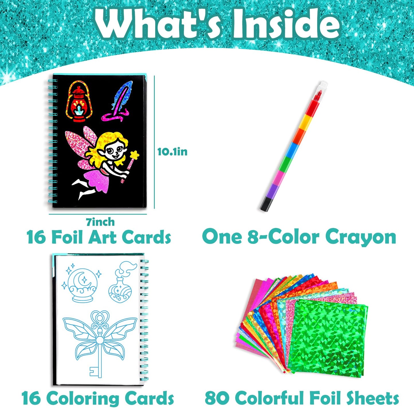 FUNNYB&G Foil Art Craft Kit for Girls 4-10 Years Old: Mess-Free & No-Glue, Create 16 Sparkly Fairy Pictures – Perfect Travel Toy & Birthday Gift for Kids（Fairy）