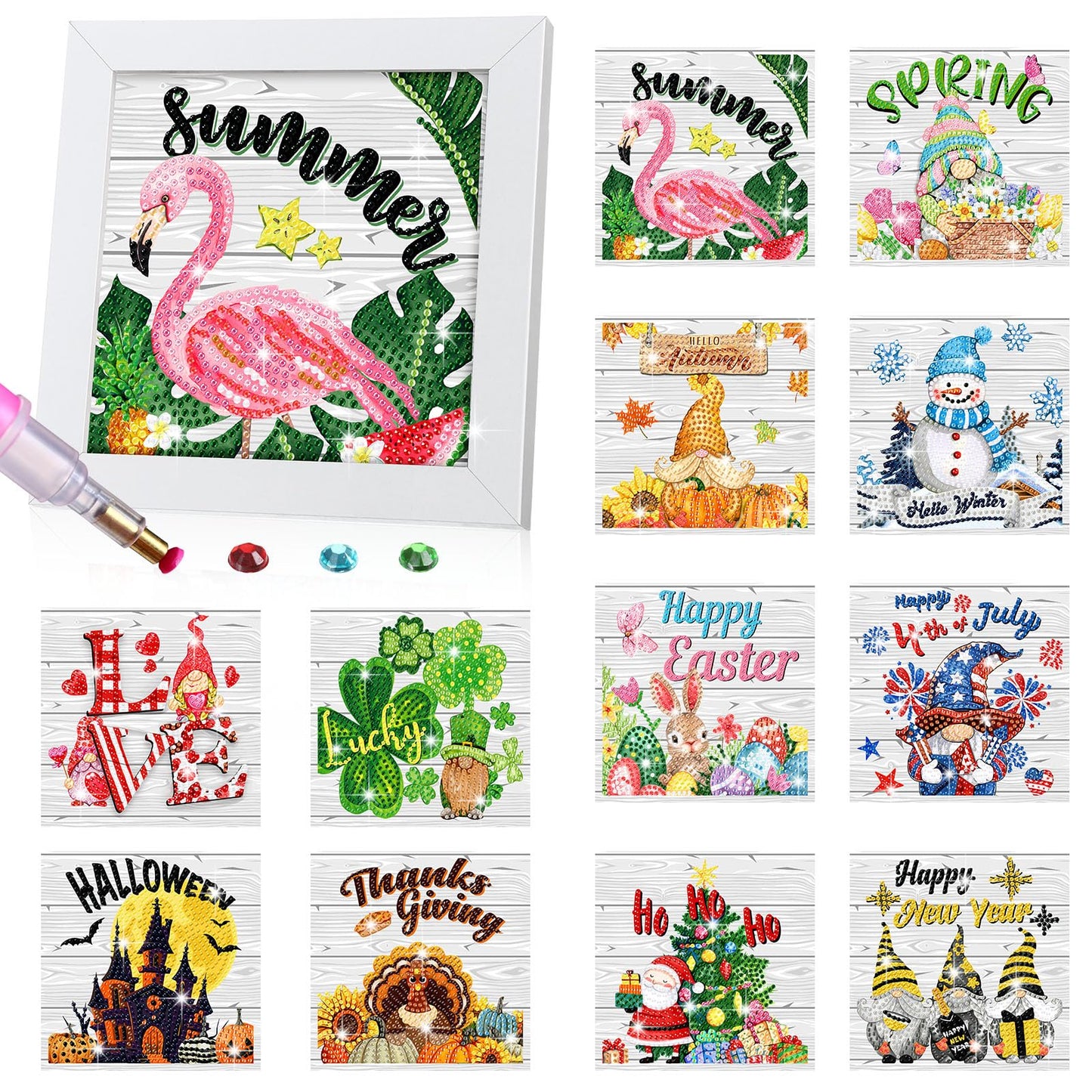 Trandraft 13 Pcs Interchangeable Seasonal Diamond Art Kits for Adults 250th Anniversary Favor 5d Small Diamond Art Kits Framed Gem Painting for Summer Holiday Table Decor DIY Craft 4th of July Gift