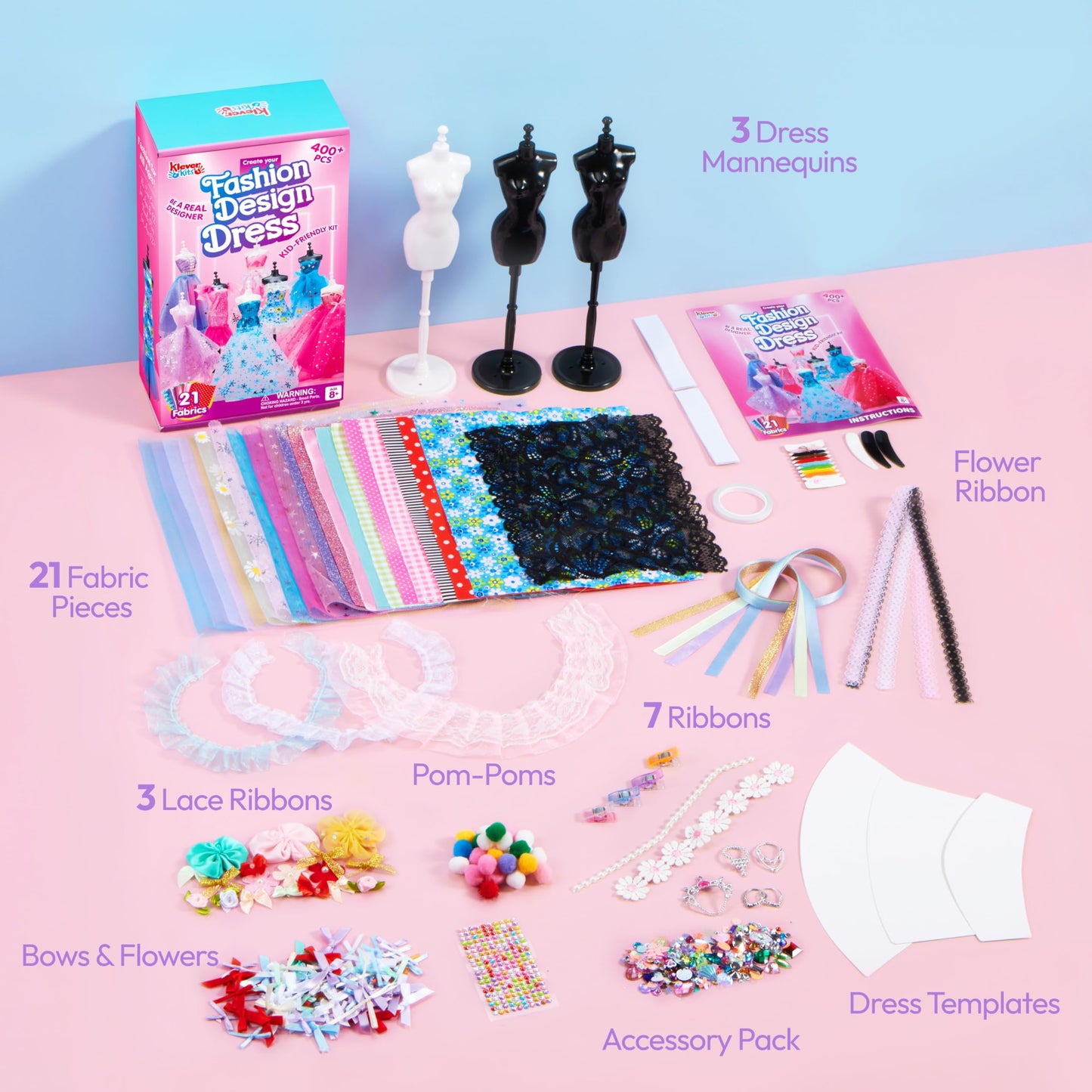 Klever Kits 400+PCS Fashion Design Crafts for Kids, Art and Crafts, DIY Sewing Kits with 3 Mannequins for Girls Aged 8-12, Birthday Presents, Toys for Kids