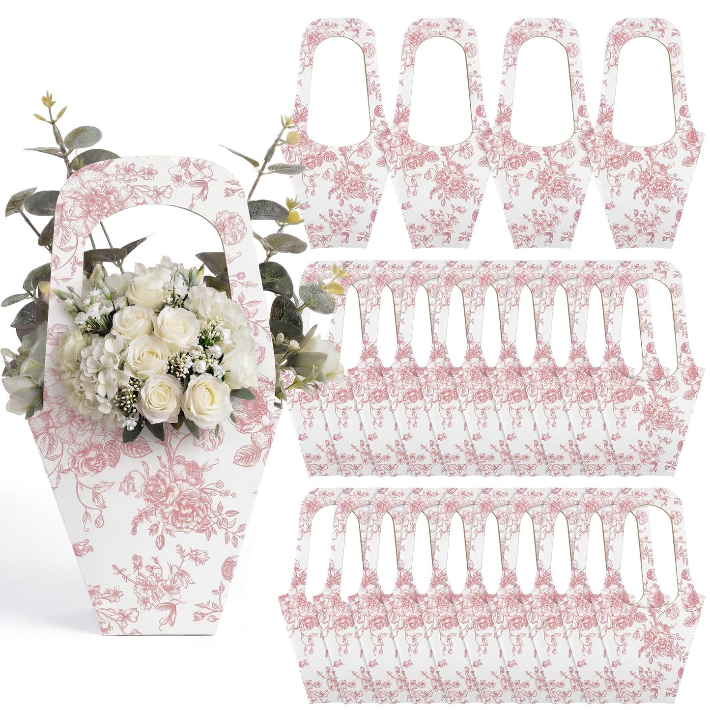 Fullhawl 24 Pack Flower Gift Bags for Bouquet, Craft Paper Flower Bouquet Holders with Handles, Floral Wrapping Bags for Bridal Shower Wedding Bachelorette Engagement Party Supplies(Pink)