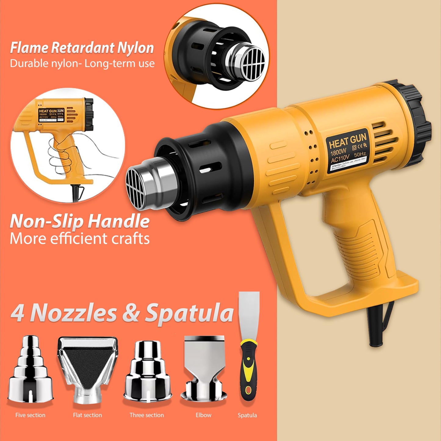COWALT Heat Gun, 1800W Hot Air Gun with Adjustable Temperature 122-1200°F, Dual Speed Settings for Vinyl Wrap, Epoxy Resin, Crafts, Shrink Tubing - 4 Nozzles & Scraper Included