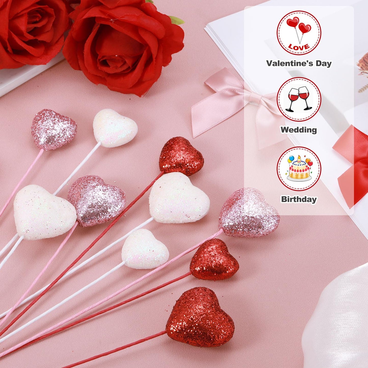 MECCANIXITY 12 Pcs Glitter Heart Shaped Picks Puffy Foam Hearts Floral Sparkly Stick for Valentine's Day Wedding Decor Home Vase Supplies Flower Arrangements Crafts (Red/Pink, 3cm x 21cm)