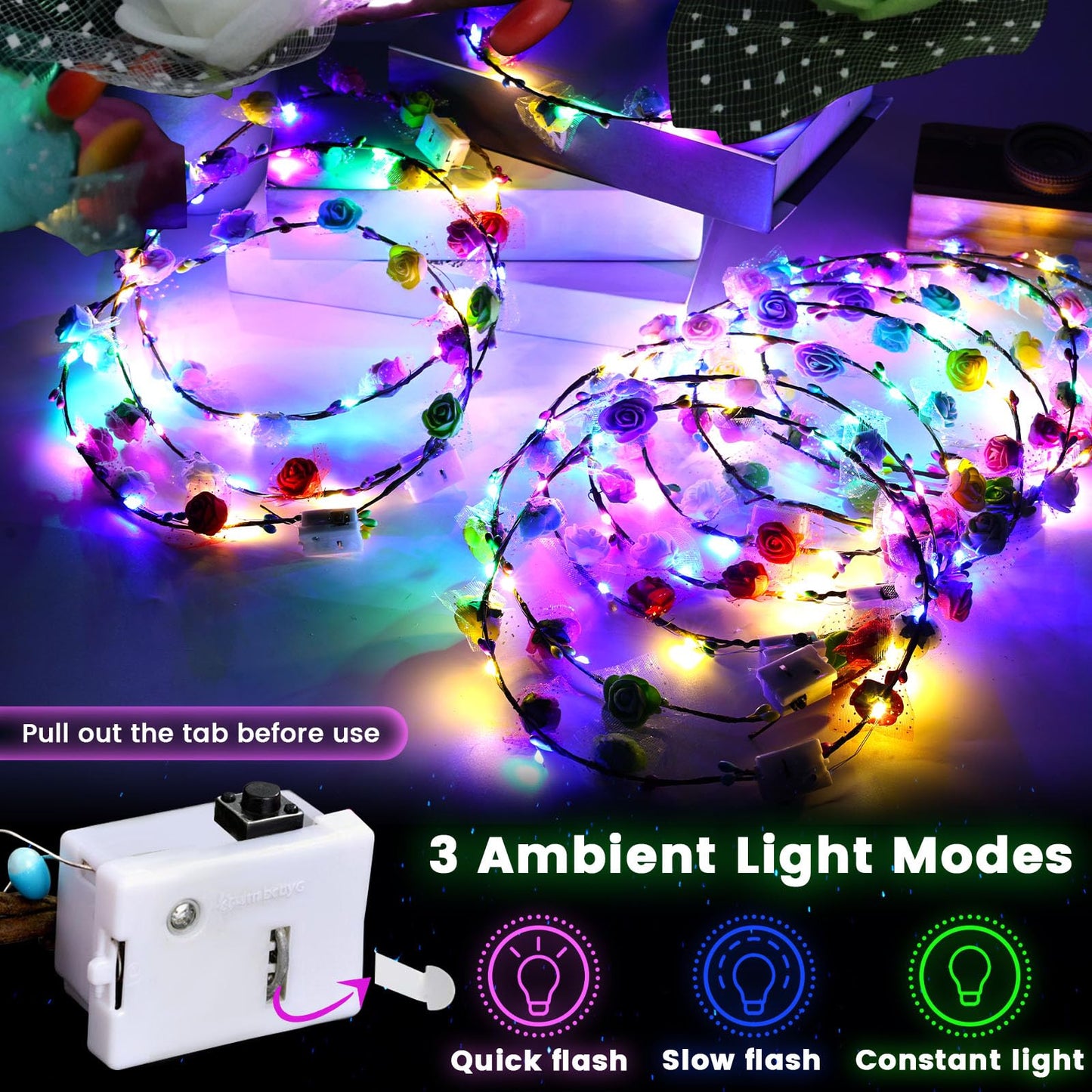 LovesTown 60PCS Glow in the Dark Party Supplies, Flower Crowns for Women Light Up Flower Crown, Light Up Party Favors for Raves Birthday Wedding Reception Mardi Gras Cosplay