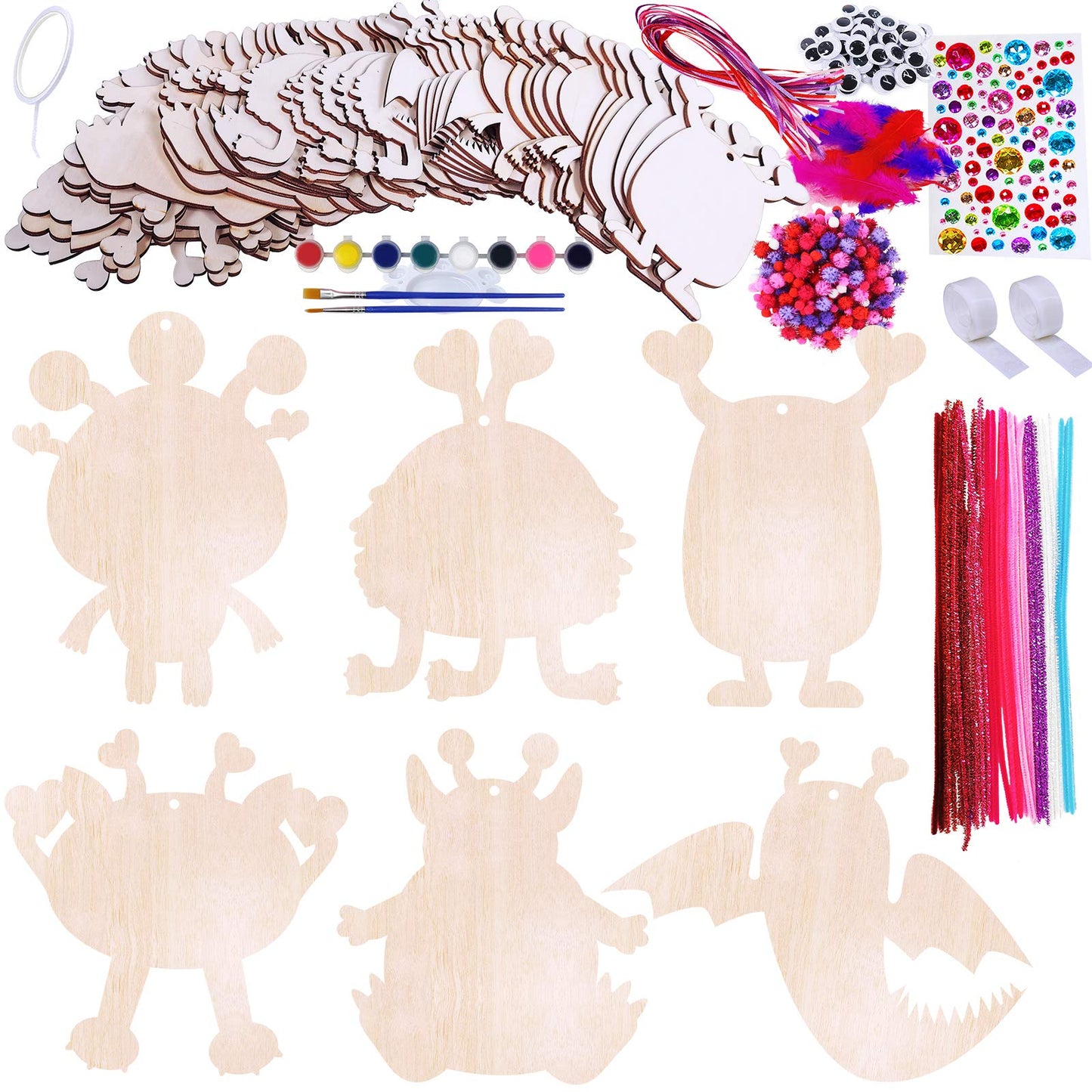 36 Sets Valentine's Day Craft Kits DIY Valentine Monster Wood Ornaments Decorations Art Sets Assorted Paintable Unfinished Wood Monster Cutouts Pom-Poms Googly Eyes for Kids Valentine Party Activity