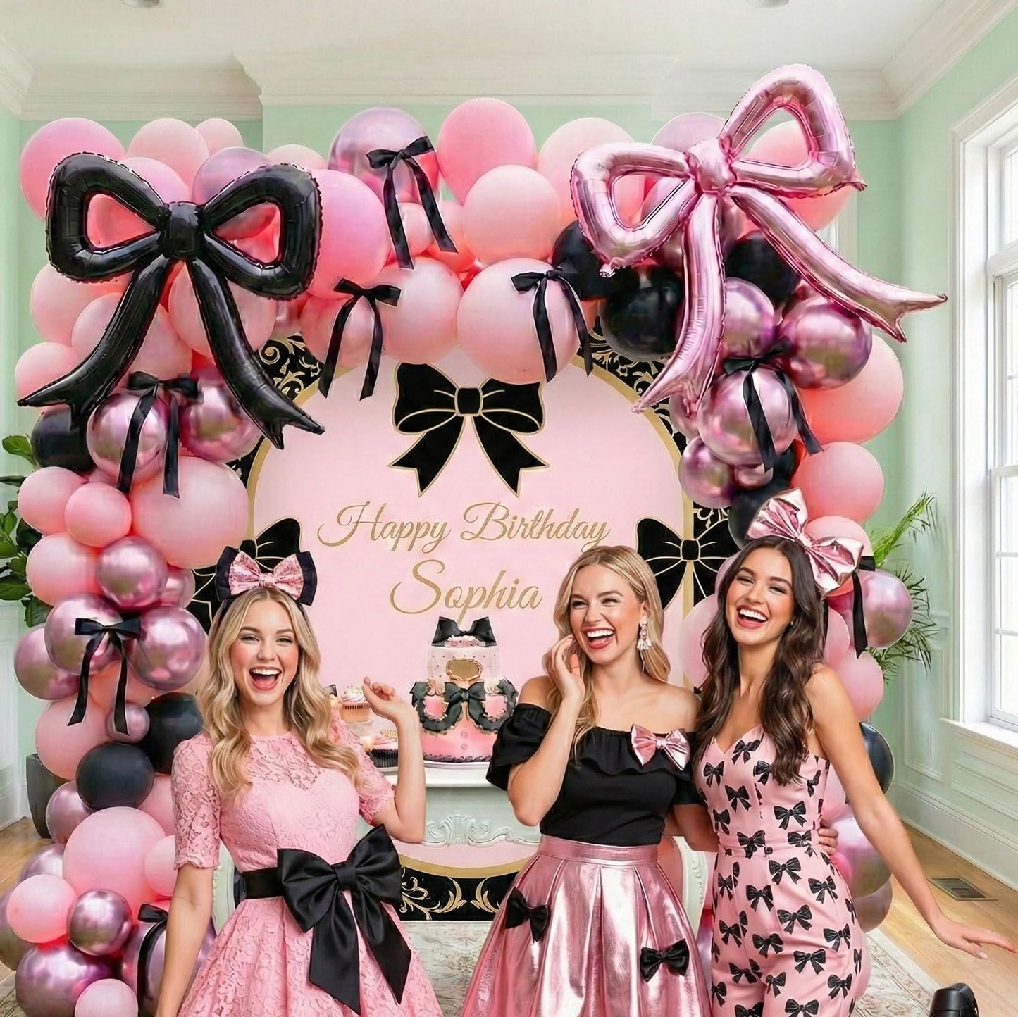 coquette birthday decorations 150pcs balloon garland arch kit with metallic purple pink black bow cake topper ribbon bow tie and mylar foil balloons for girls bachelorette party decorations