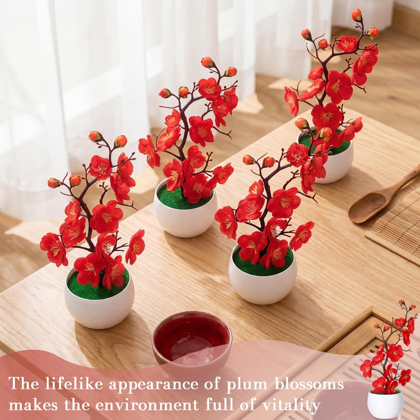 Suncalla 4 Pack Artificial Plum Blossom Bonsai, Fake Plum Blossom Silk Flower Arrangement with Flower Pot, Cherry Blossoms Decor for Hibachi Party Chinese Japanese Asian Theme Party Supplies(Upright)