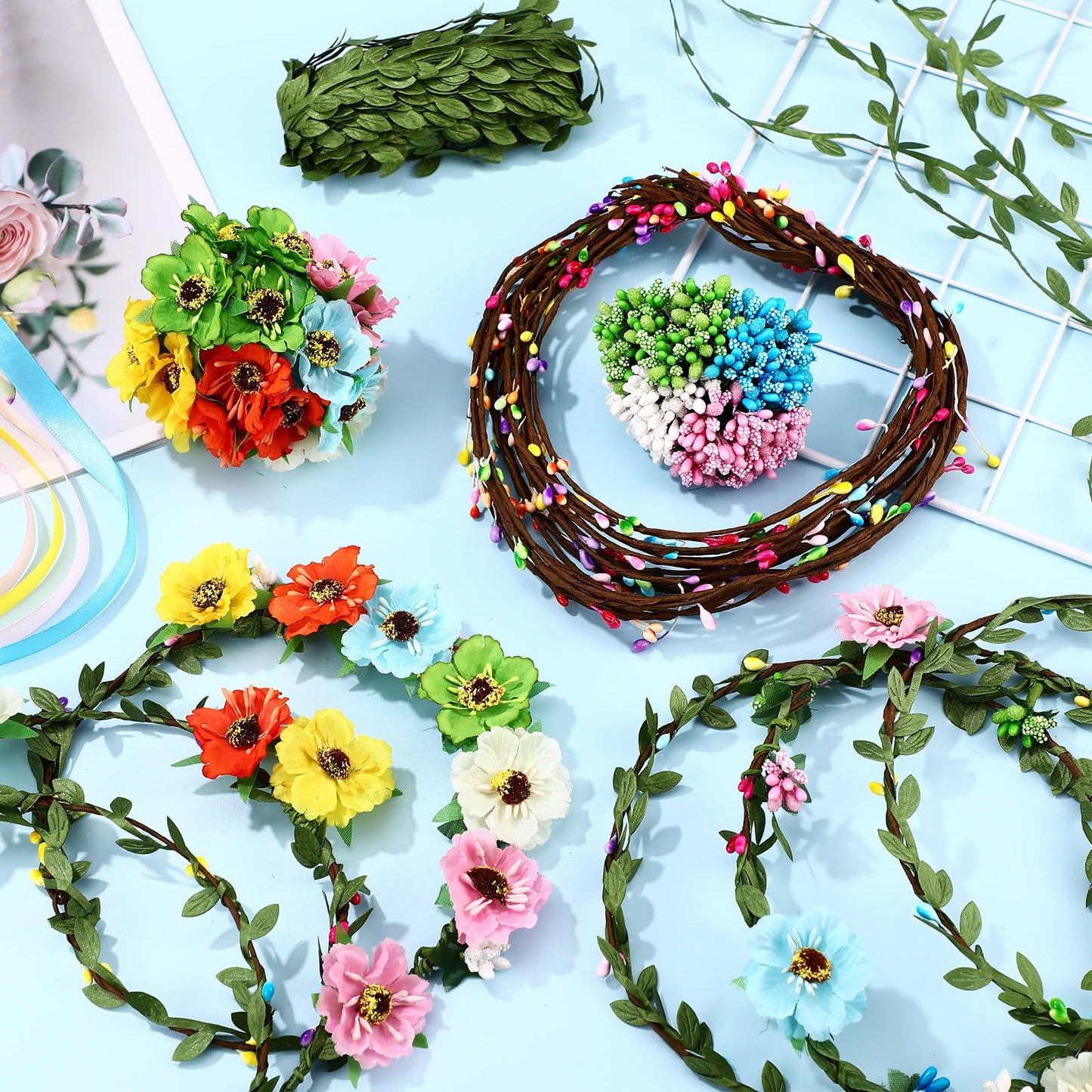 Zeyune 20 Sets Spring Tea Party Favor Flower Crowns Making Kit, Make Your Own Flower Crown Wreath Garland Headbands Craft Kit Handmade DIY Fairy Floral Hair Accessories Gift for Women
