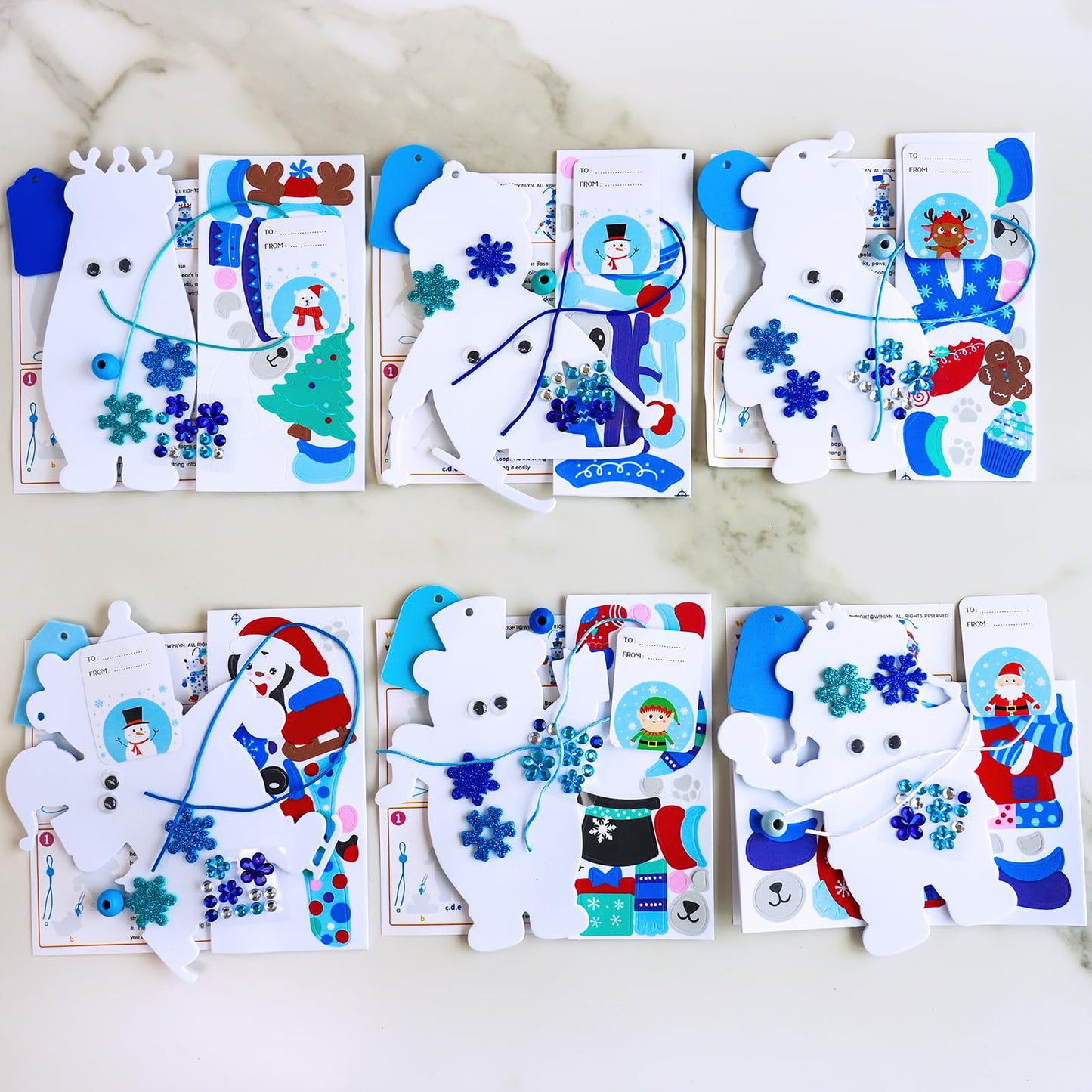 Winlyn 24 Sets Winter Decorations DIY Polar Bear Ornaments Christmas Craft Kits Foam Polar Bear with Snowflake Foam Stickers for Kids Holiday Seasonal Gift Home Classroom Activities Party Favors