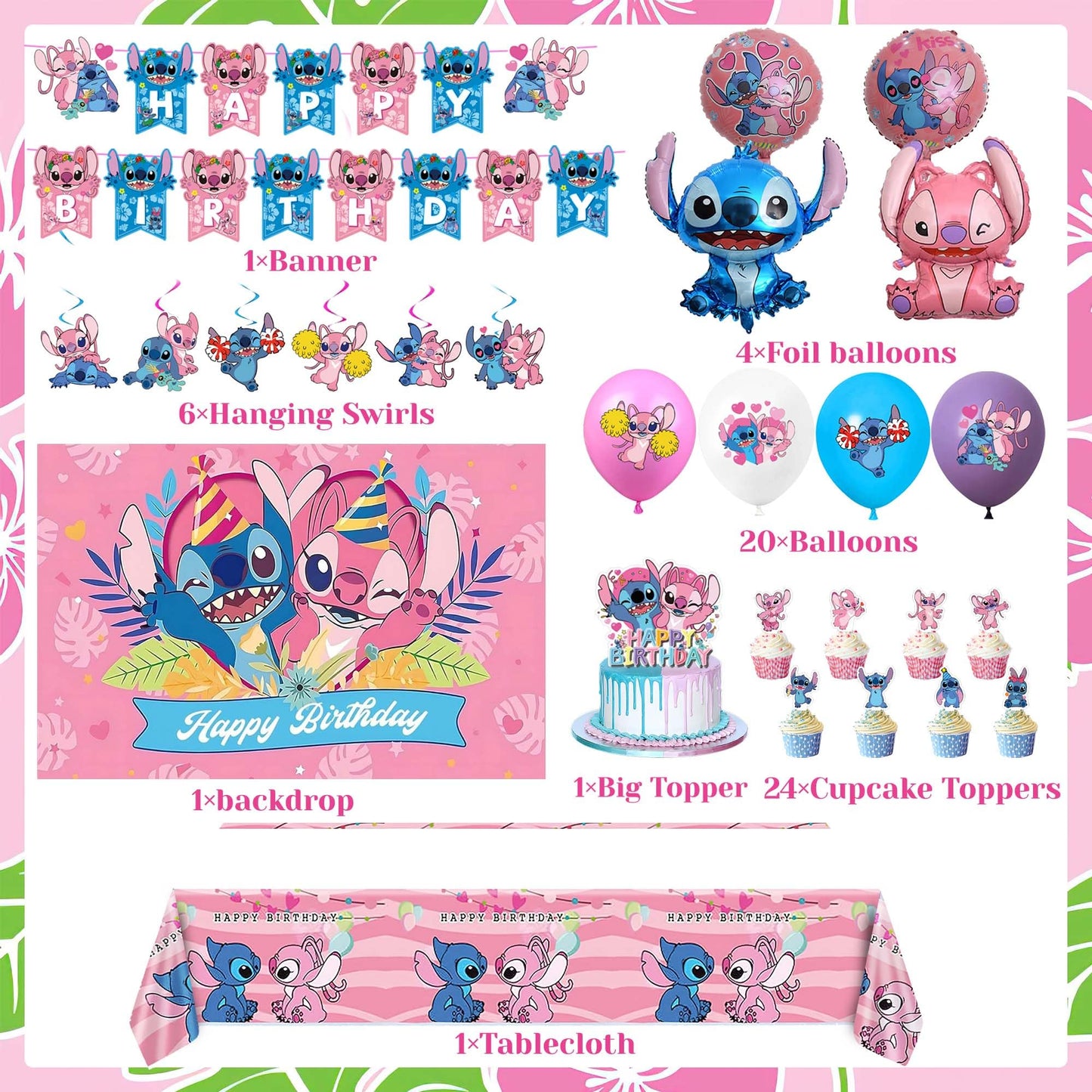 Pink Birthday Party Decorations Kit, Includes Happy Birthday Banner, Foil Balloons, Tablecloth, Backdrop, for Adult Themed Party Supplies
