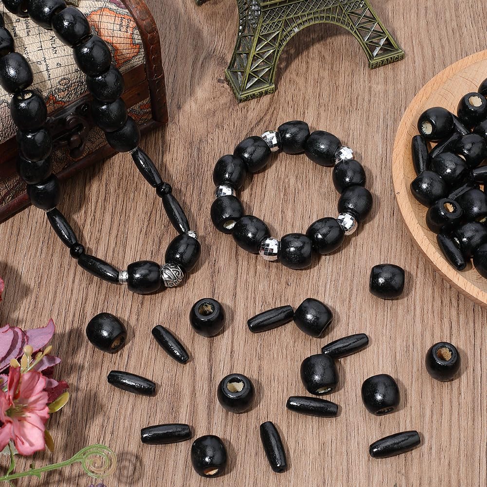 PONABEADIY 2 Styles 200PCS Natural Black Wooden Beads with Hole Oval Barrel Wood Handmade Dyed Macrame European Charms Loose Bead for Jewelry Making Bracelet Hair Braid Christmas DIY Crafts Supplies