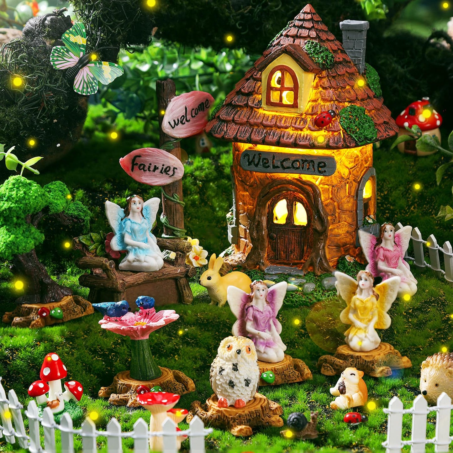 Leyndo 28 Pcs Solar House Garden Accessories Fairy Light up Fairy Figures Garden Kit Resin Miniature Mushroom House Figures Micro Landscape Ornaments (Fresh)