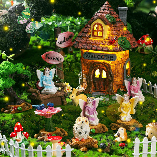 Leyndo 28 Pcs Solar House Garden Accessories Fairy Light up Fairy Figures Garden Kit Resin Miniature Mushroom House Figures Micro Landscape Ornaments (Fresh)
